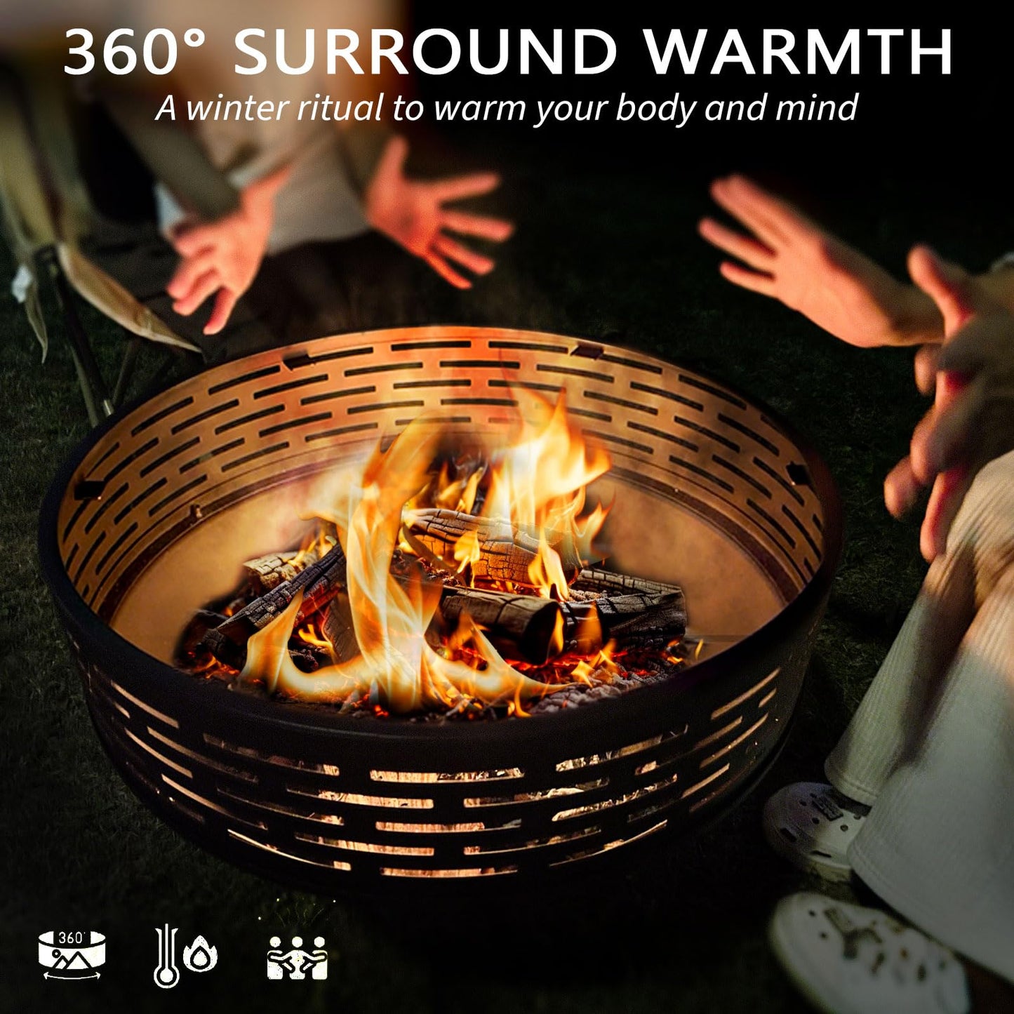 3-in-1 Fire Pit with Grill & Lid, 23" Outdoor Fire Pit Table, Cast Iron Wood Burning Firepit, Heavy Duty Fire Bowl for Outside Patio, Backyard Fireplaces, Large BBQ Pit Table with Fire Poker