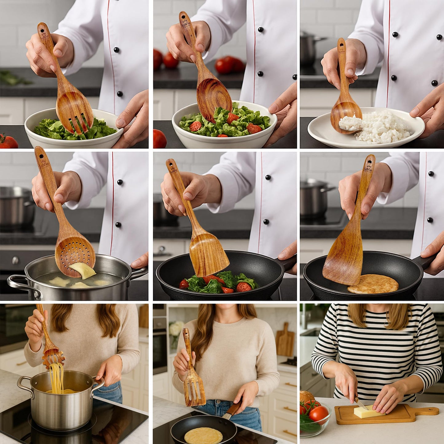 La Vie Gallery Teak Wooden Cooking Spoons Set -10-Piece Nonstick Cookware - Handmade Wooden Teak-Bamboo Charcuterie Board With Knife - Wooden Kitchen Utensils, Ideal Gift Set For Weeding,Birthday