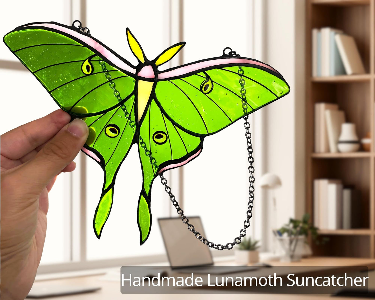 Cemovia Luna Moth Stained Glass Window Hanging - Handmade Real Glass Suncatcher - Elegant Green Moon Moth Butterfly Light Catcher Gifts for Mother, Women, Grandma (Gifts-Box provided)