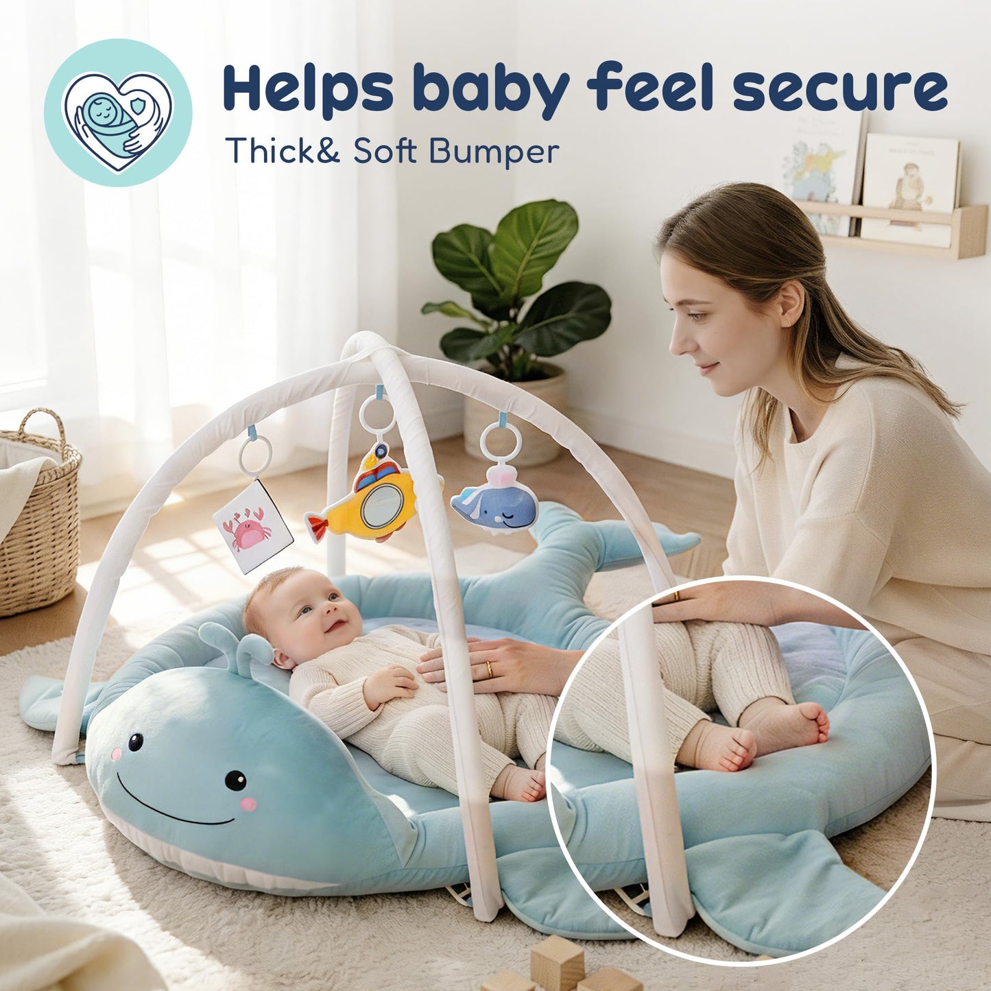 BubblinHome Baby Play Mat, Whale Tummy Time Mat with Toys, Baby Activity Gym for Infants 0–12 Months Sensory Floor Mat for Boys & Girls