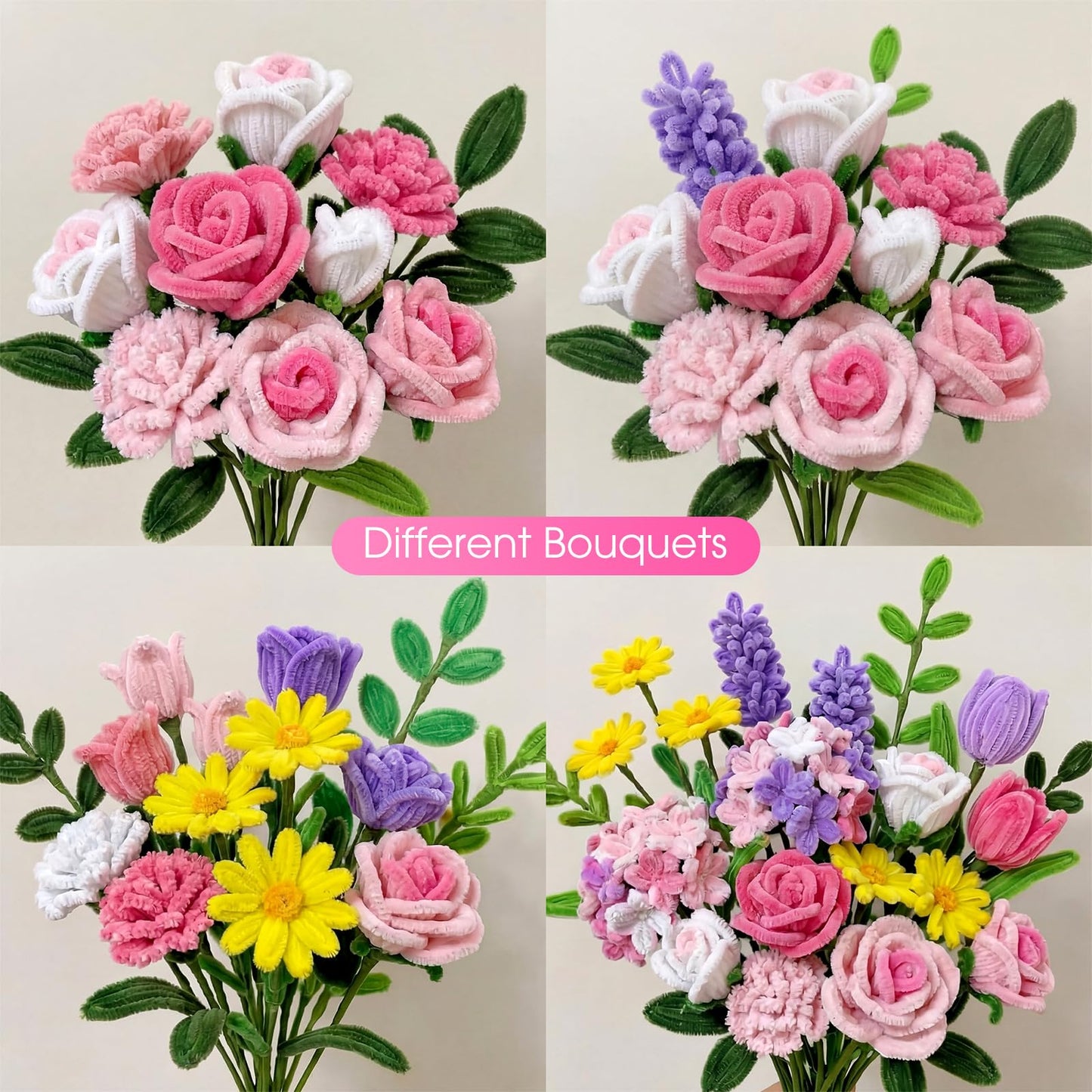 Chicplaid 800 Pcs Pipe Cleaners Craft, Tulip Pipe Cleaners Flowers Kit, 8 Colors Chenille Stems with Floral Wires, Gardening Tape, Stamen, Floral Wrapping Paper & Ribbon for Wedding DIY Craft