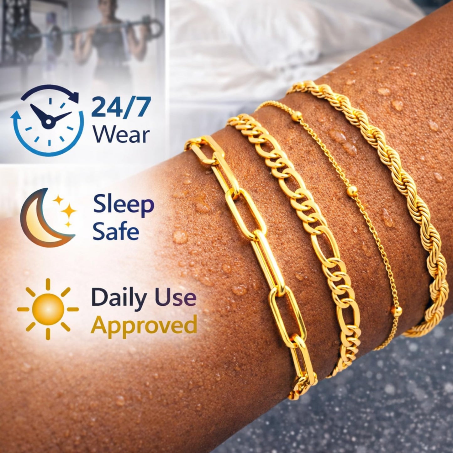 Waterproof Gold Stackable Bracelets Set for Women 4-Piece Stacked Bracelets, 18K Gold Plated Stainless Steel Women’s Bracelet Set, Dainty Layered Bracelets (Paperclip, Figaro, Rope, Satellite)