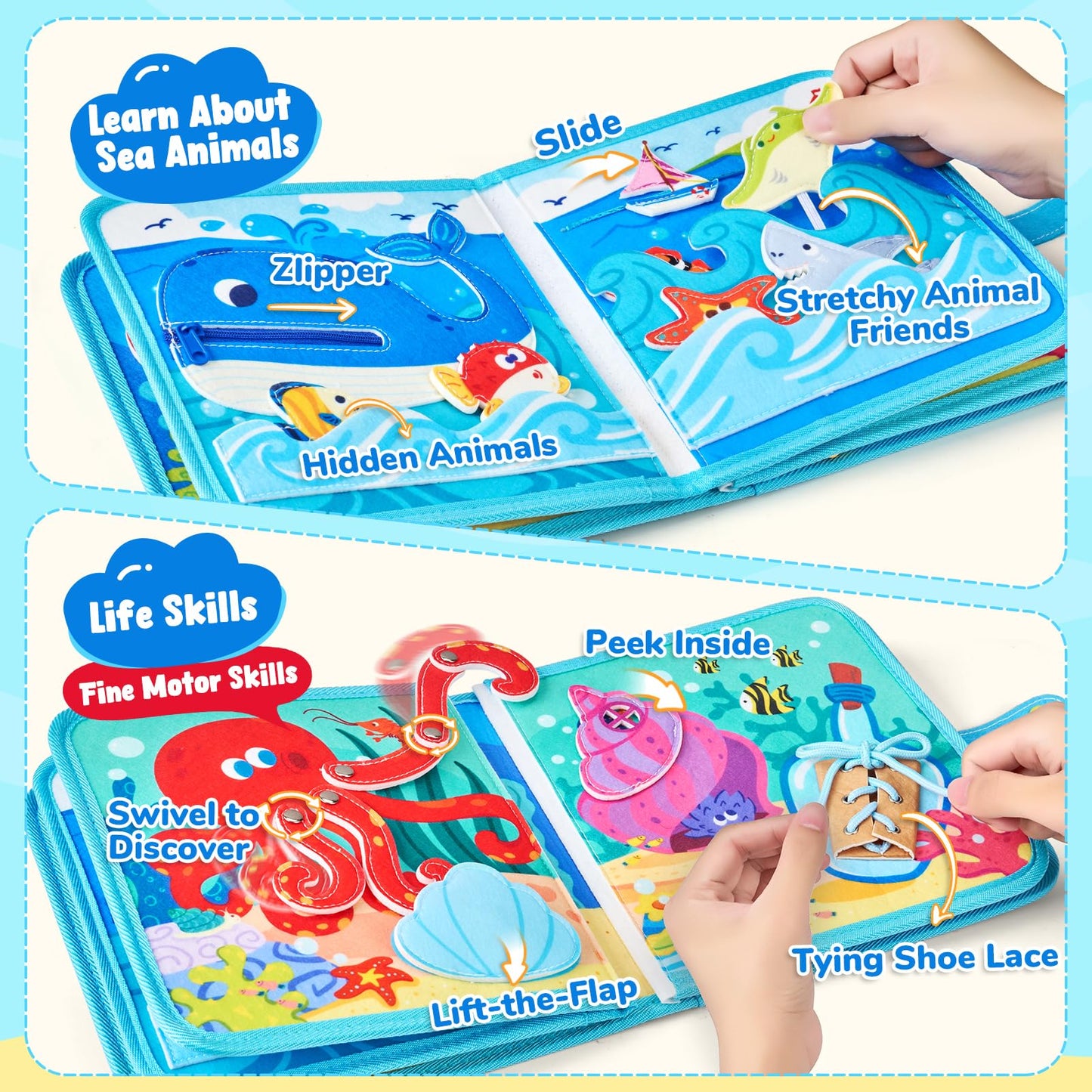 JoyCat Ocean Busy Book for Toddlers 1-3 - Travel Toy Activity Book for 1 2 3 Year Old Boys Girls, Educational Travel Toy with Sea Animals & Life Skills, Easter Basket Stuffers Kid, Autism Sensory Toys