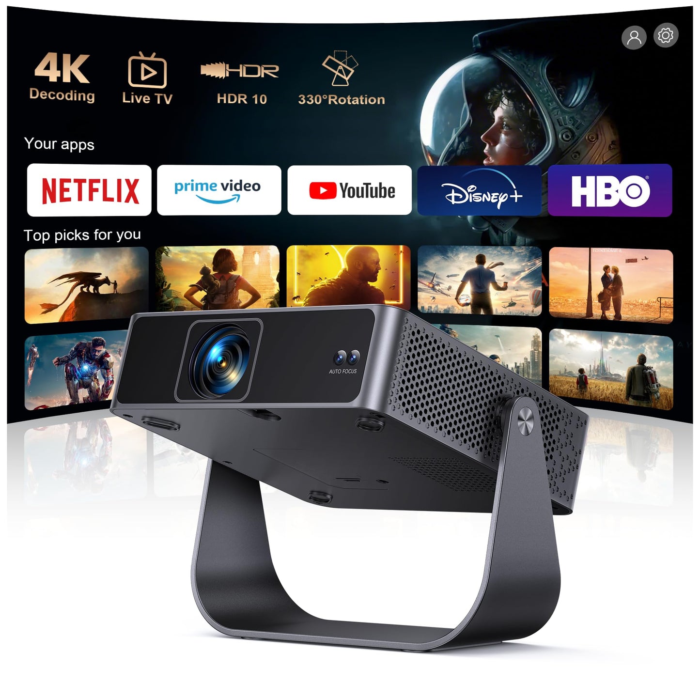 [Official Apps & Live TV & 330° Stand]Smart Mini Projector with WiFi and Bluetooth Ultra-thin, 4K Support Outdoor Movie Projector, Auto Focus, HDR10, Portable 1080P Projector for Bedroom/Home/Celling