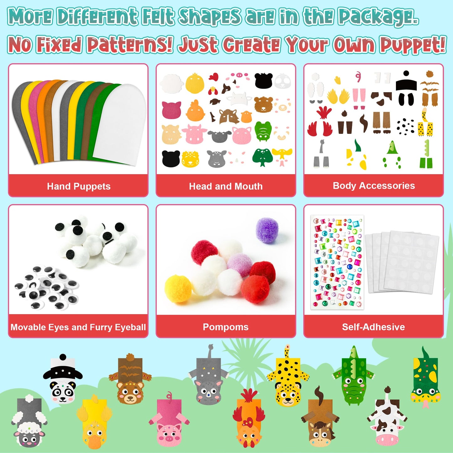 WATINC 12Pcs Hand Puppet Making Kit, Art Craft Felt Sock Puppet Toys, Creative DIY Make Your Own Pompoms Wiggle Googly Eyes Storytelling Role Play Party Supplies Gift for Girls Boys (Farm A Wild A)