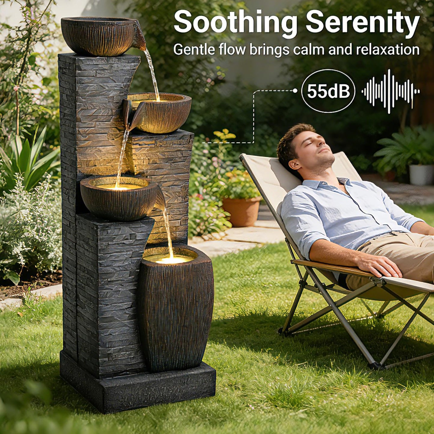 KAISOKU 38.2" Tall Outdoor Water Fountain,Stone Texture Modern 4 Tiers Cascading Bowls Garden Fountains Outdoor,Suit for Patio, Deck, Porch, Lawns, Backyard and Home Art Decor