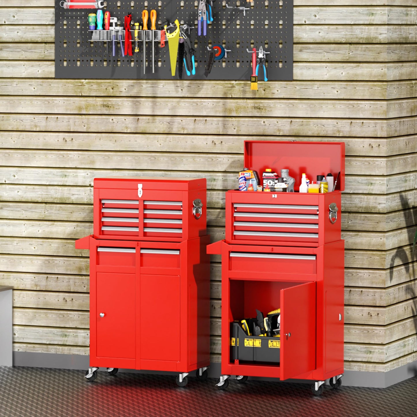 Patiomore 5-Drawer Rolling Tool Chest - Heavy-Duty Steel Tool Cabinet with Detachable Top Box, Locking Wheels & Security System for Garage/Workshop, 2-in-1 Design (Red)