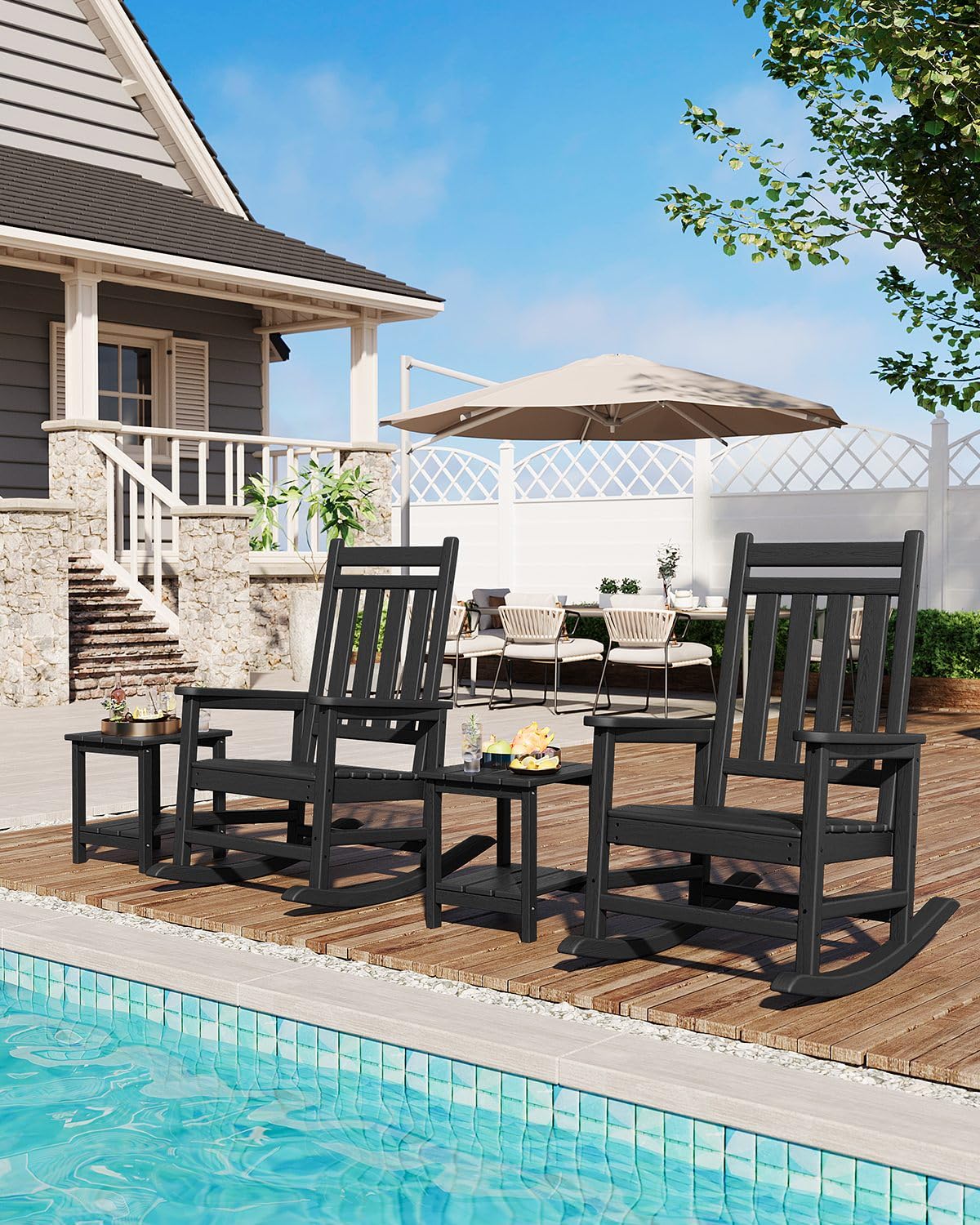 Garvee HDPE Rocking Chair Outdoor Set of 2 with Side Table - Poly High Back Porch Rocker Chairs for Adults - All Weather Resistant Furniture for Patio Front Porch - Black