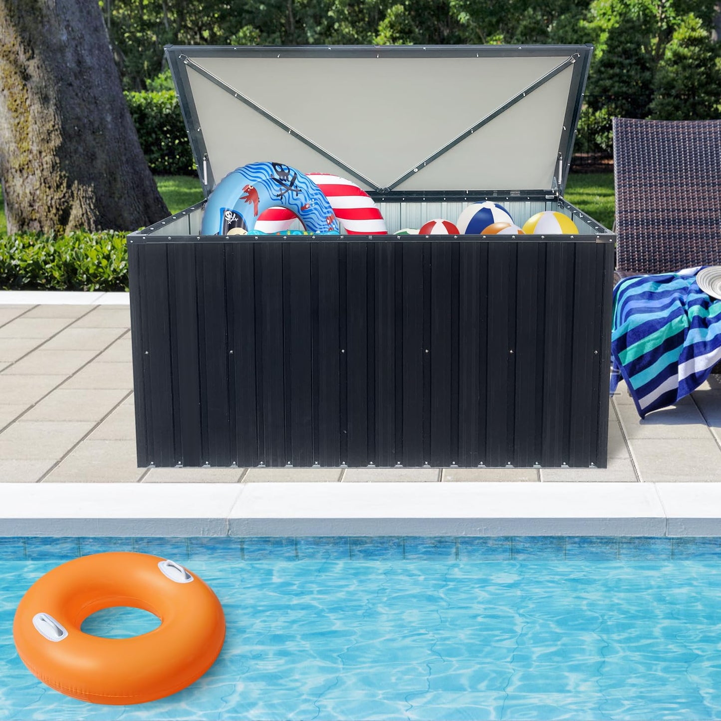 Fulvari 215 Gallon Outdoor Deck Box,Waterproof Lockable Metal Storage Container for Patio Cushions Gardening Tools and Pool Toys black One size