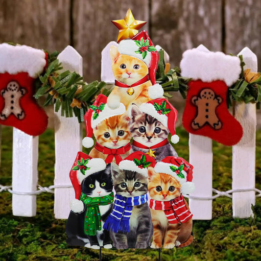 Cute cat Garden Insert, Christmas Art Decoration Yard Sign, Santa hat-Wearing Post, cat Stacking Fun Christmas Tree-Shaped pet Post, Outdoor Lawn Decoration