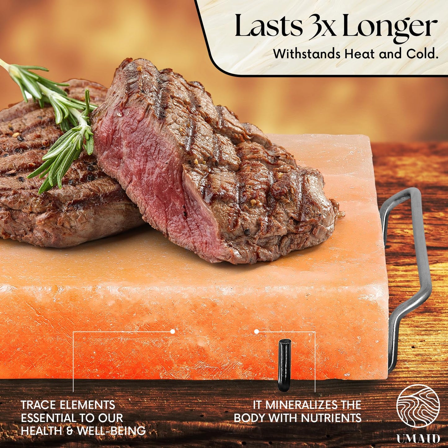 UMAID Himalayan Salt Block For Grilling, Cooking, Cutting and Serving,8X8X1.5 Food Grade Himalayan Pink Salt Stone on Stainless Steel Plate & Recipe Pamphlet, Unique Gifts for Men, Women, Chef, Cooks