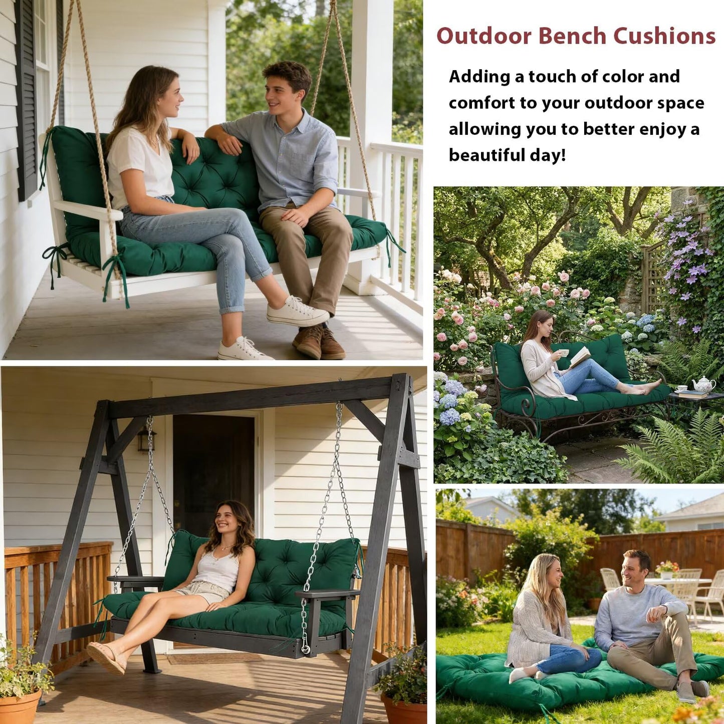 HZODJBH Waterproof Porch Swing Cushion Replacement, Thick 2–3 Seat Swing Seat Cushion with Backrest & Ties, Outdoor Bench Cushion for Patio Garden Porch Furniture (Dark Green, 60 x 40in)