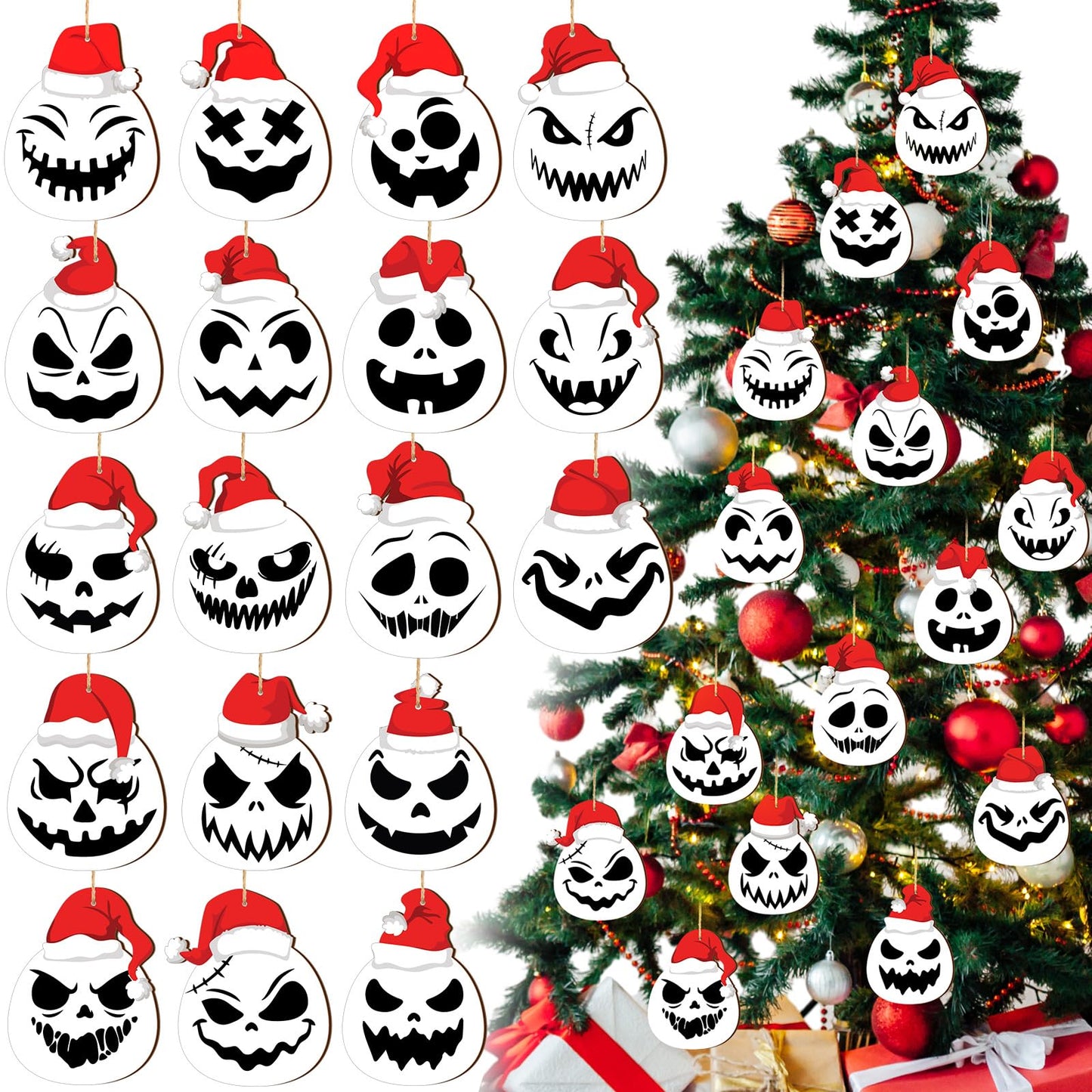 Suzile 36 Pcs Before Christmas Tree Decorations Xmas Jack O' Lantern Spooky Skull Tree Decorations Evil Pumpkin Hanging Ornaments Wooden Xmas Funny Holiday Decoration Gothic Themed Party for Home