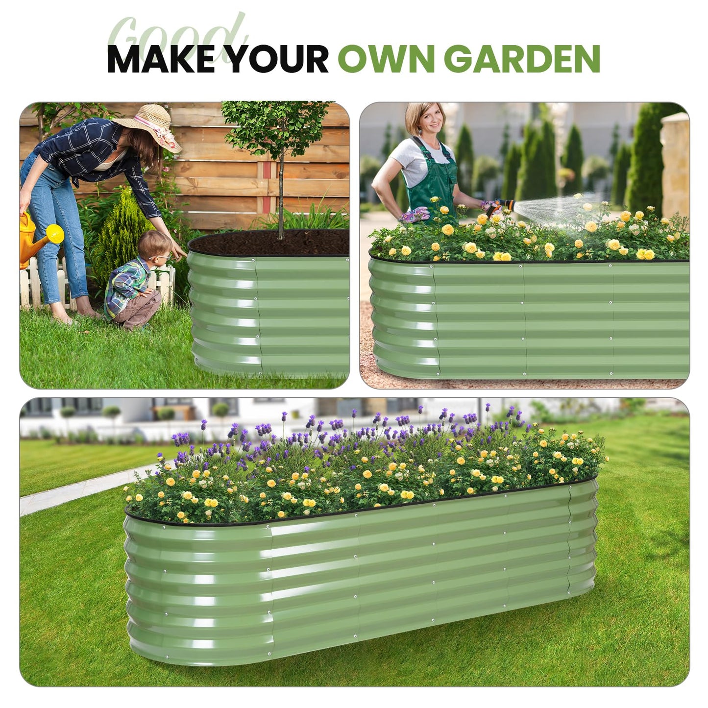 G GOOD GAIN Raised Garden Beds - 6x2x1.4ft Galvanized Planter Boxes Kit with Protective Tape & Gloves & Tools | Oval Metal Outdoor Raised Bed for Gardening Vegetables, Fruits, Flowers, Herbs, Oliver