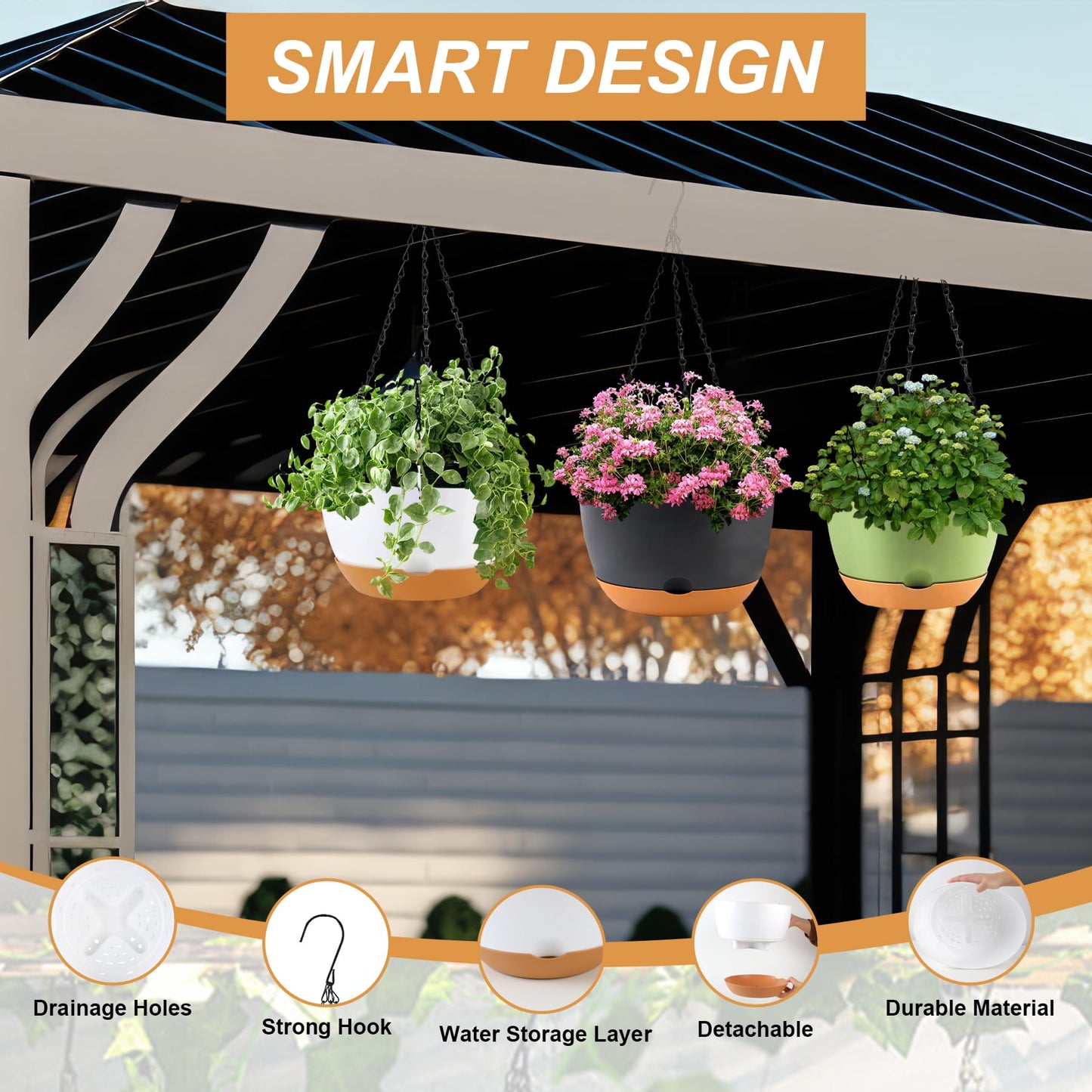 KPUVX 4 Pack Plastic Hanging planters for Indoor Plants,8 Inch Plant Pot Indoor Outdoor Hanging Baskets,Hanging Flower Pots with Drainage Holes and Chain for Garden Porch Plants(White)
