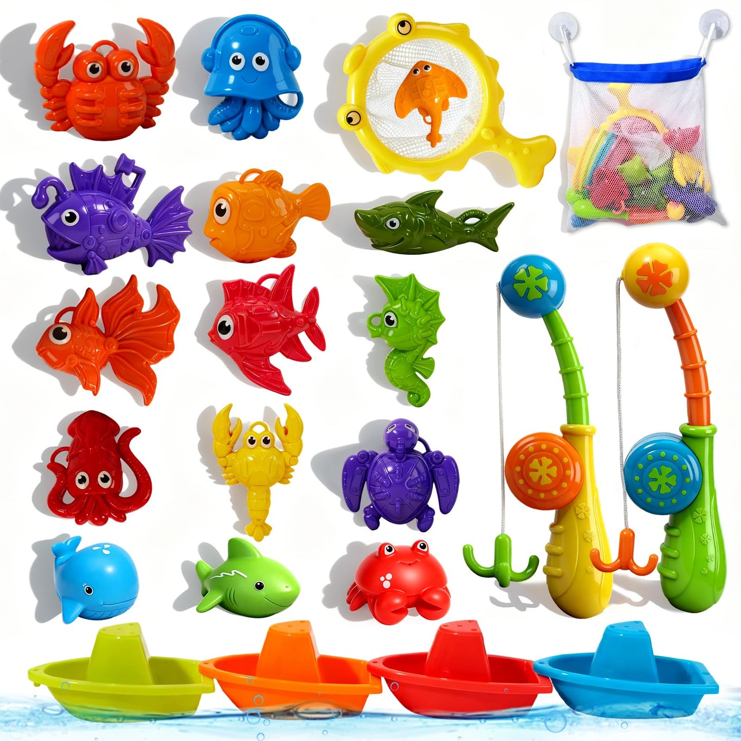 Toddler Bath Toys for Kids Ages 1-3, 22 PCS Mold Free Bath Toys Toddlers 2-4 with Fishing Toy Games, Fishing Pole Rod Net Tub Toys with Mesh Bag, Water Pool Toys for Kids Ages 1 2 3 4 5 6 8 Years Old
