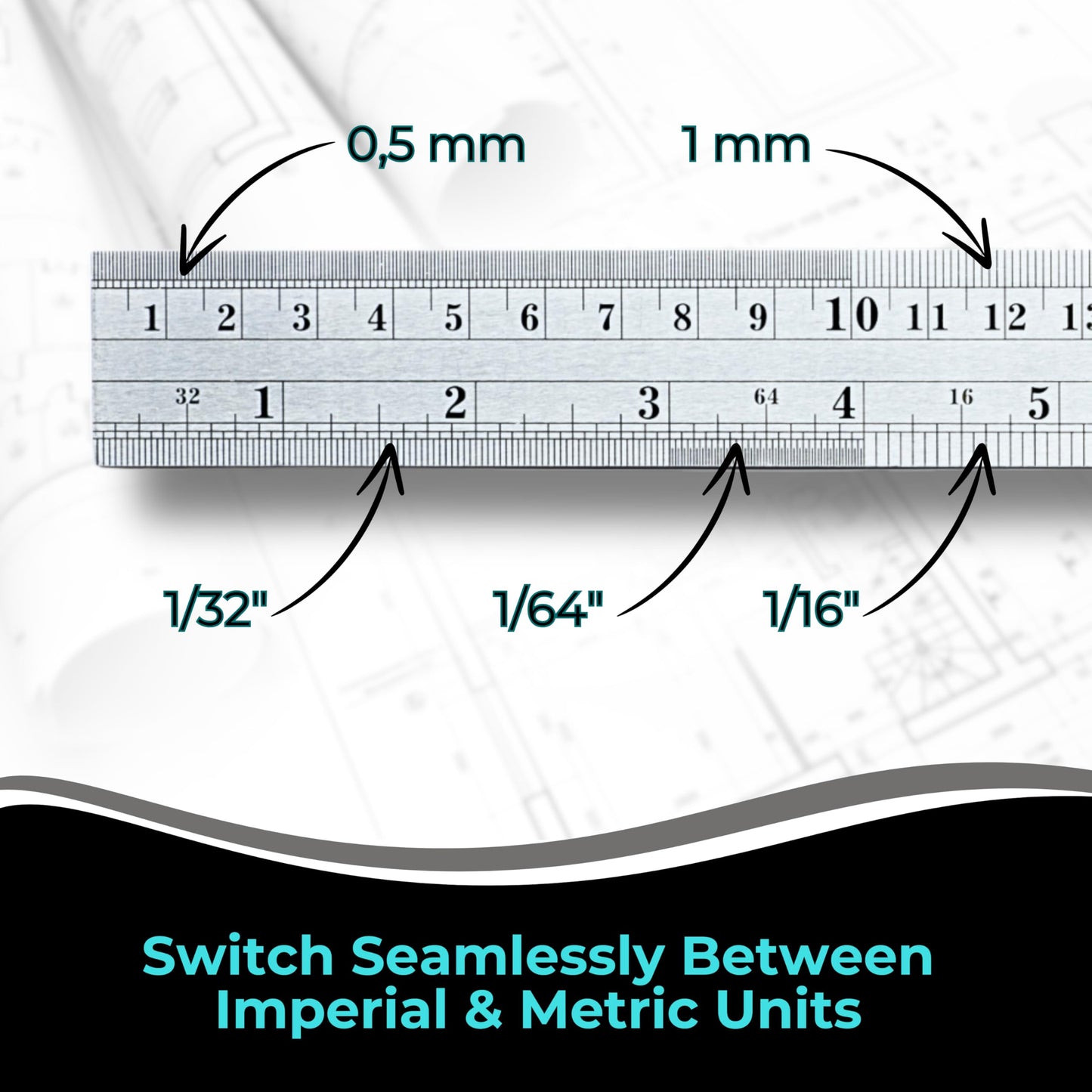 NOKKO Metal Ruler 12 Inch - Pack of 10 - Measuring Set of 12-Inch / 30 cm Stainless Steel Rulers with Imperial & Metric Measurements & Conversion Table - Metal Straight Edge Ruler for Cutting