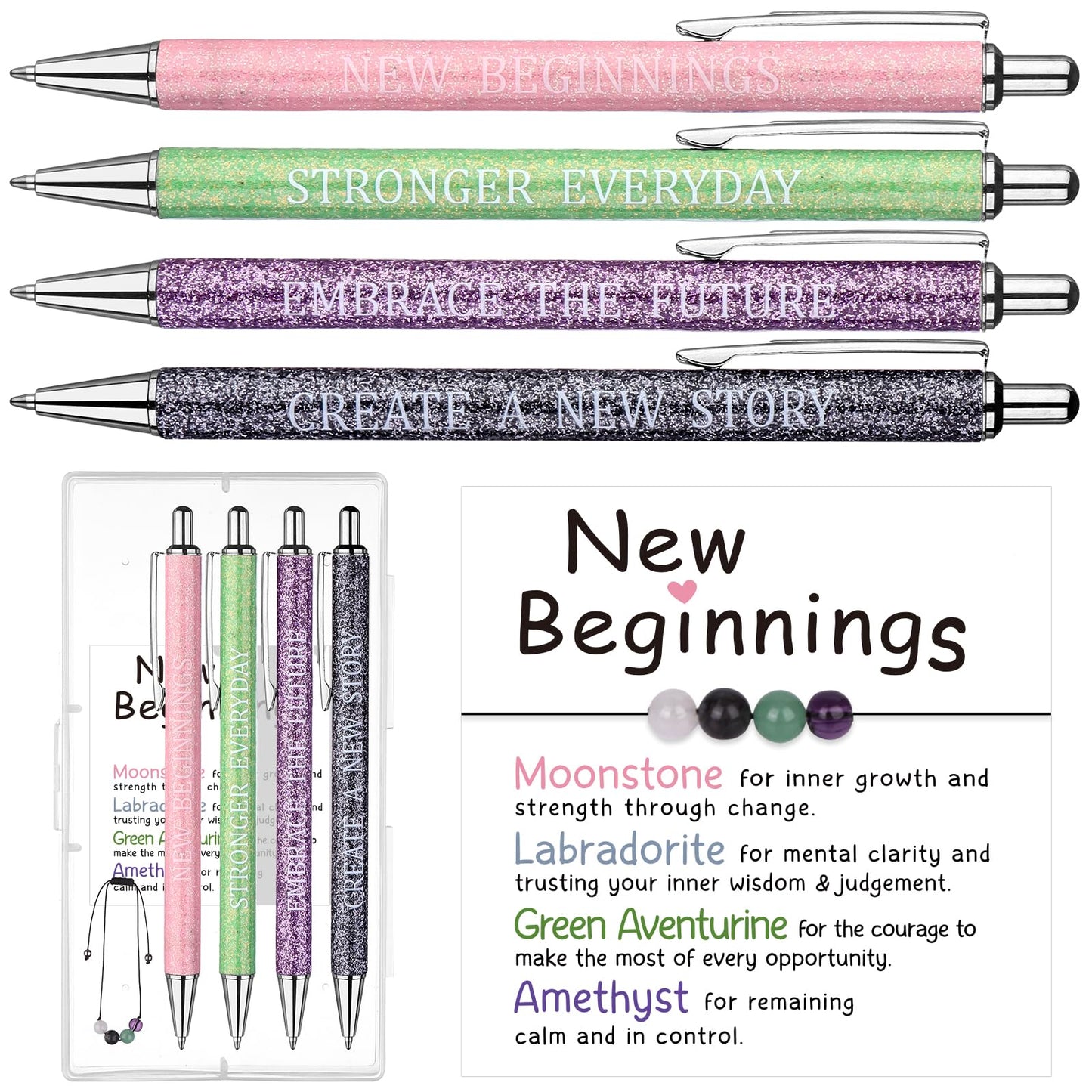 Set of 7 Going Away Gifts for Coworkers Women New Beginning Gift 4 Fancy Inspirational Ballpoint Pen and Crystal Bracelet with Card Goodbye Farewell Encouragement Leaving Job Office Present