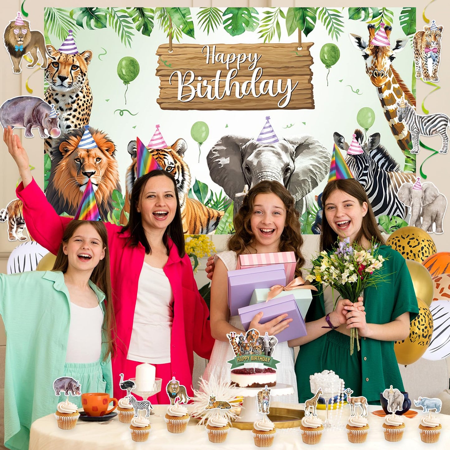 Roetyce Safari Animals Birthday Party Decorations, Jungle Wild Animals Happy Birthday Banner Balloons Hanging Swirls Cake Topper Kit, Safari Themed Birthday for Kids Photo Background Backdrop