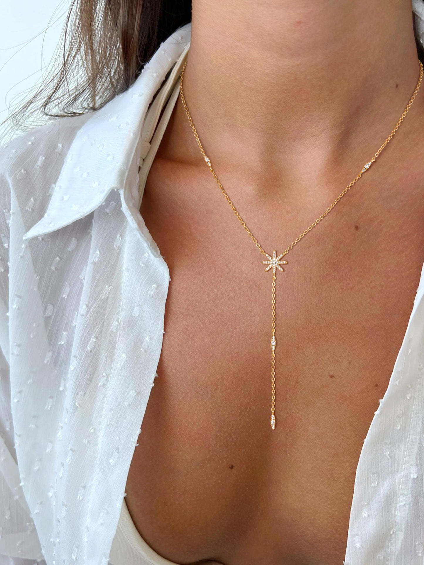 CHESKY 14K Gold Plated Long Necklace for Women North Star Layered Y Necklace Dainty CZ Star Pendant Drop Sparkle Trendy Jewelry