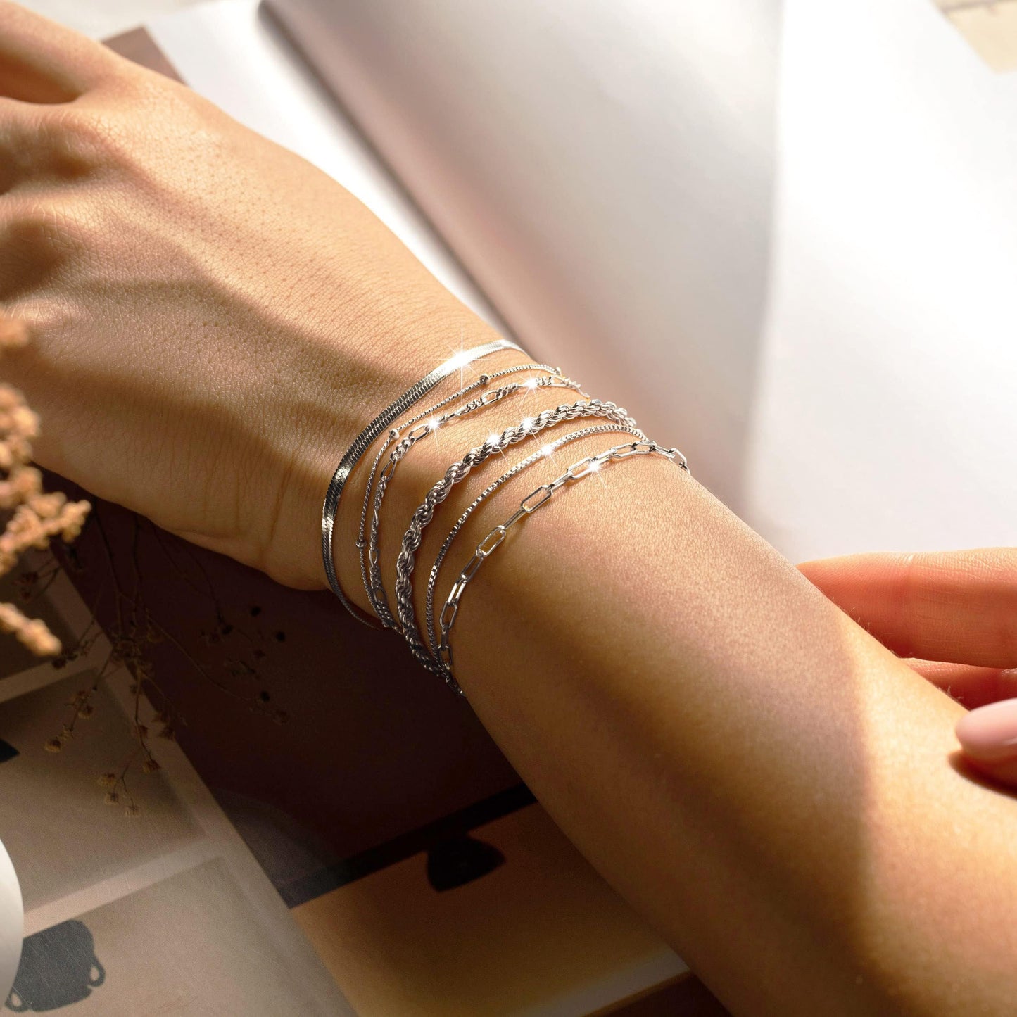 DEARMAY Dainty Silver Plated Bracelets for Women Trendy, Silver Jewelry Set Paperclip Box Herringbone Figaro Rope Chain Bracelet for Women Fashion Pack Gifts
