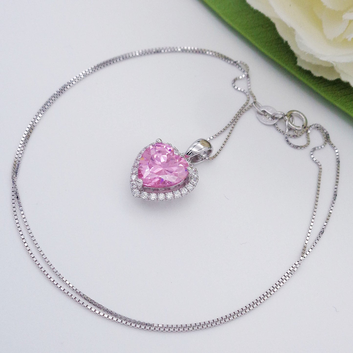 Navachi 925 Sterling Silver 18k White Gold Plated 3.7ct Heart Pink Quartz Az9308a Necklace Pendant 18"
