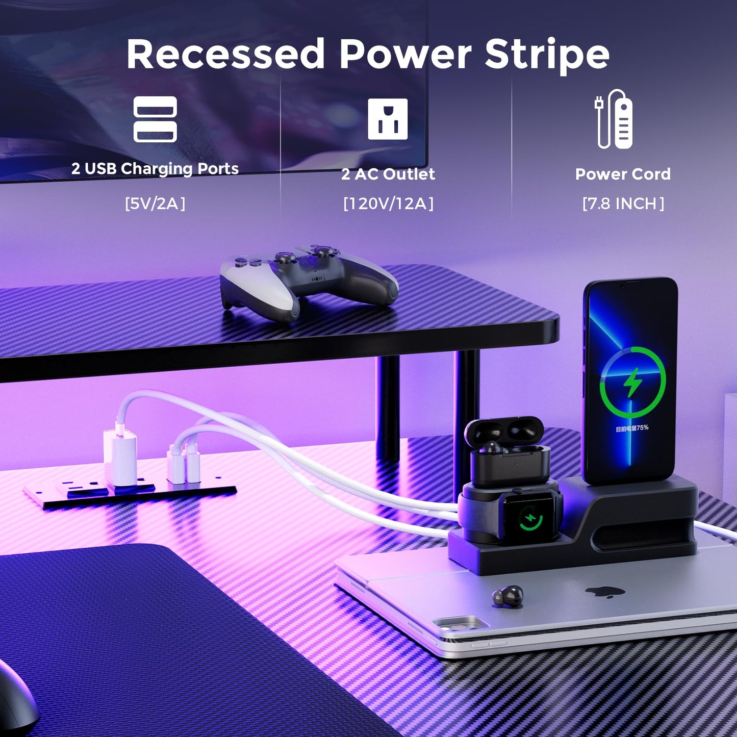 GTPLAYER 55 Inch Gaming Desk with LED Lights & Power Outlet, Computer Gamer Desk with Monitor Stand, Ergonomic Carbon Fiber Gaming Table Home Office Desk with Headphone Hook & Mouse Pad