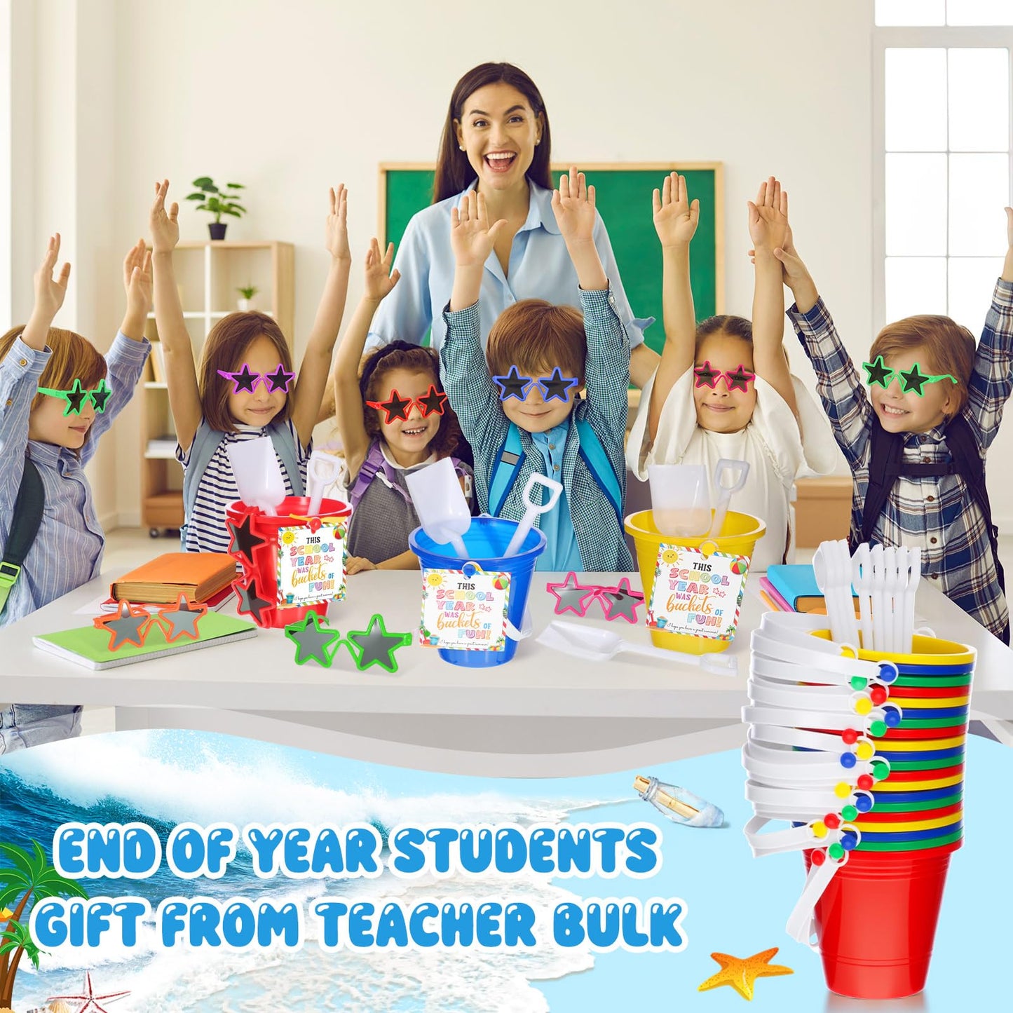 PullCrease 24 Set End of Year Students Beach Sand Bucket with Shovels Gift from Teacher Bulk Neon Sunglasses Cards Preschool Kindergarten Graduation Gifts for Beach Summer Party(Star,Colorful)