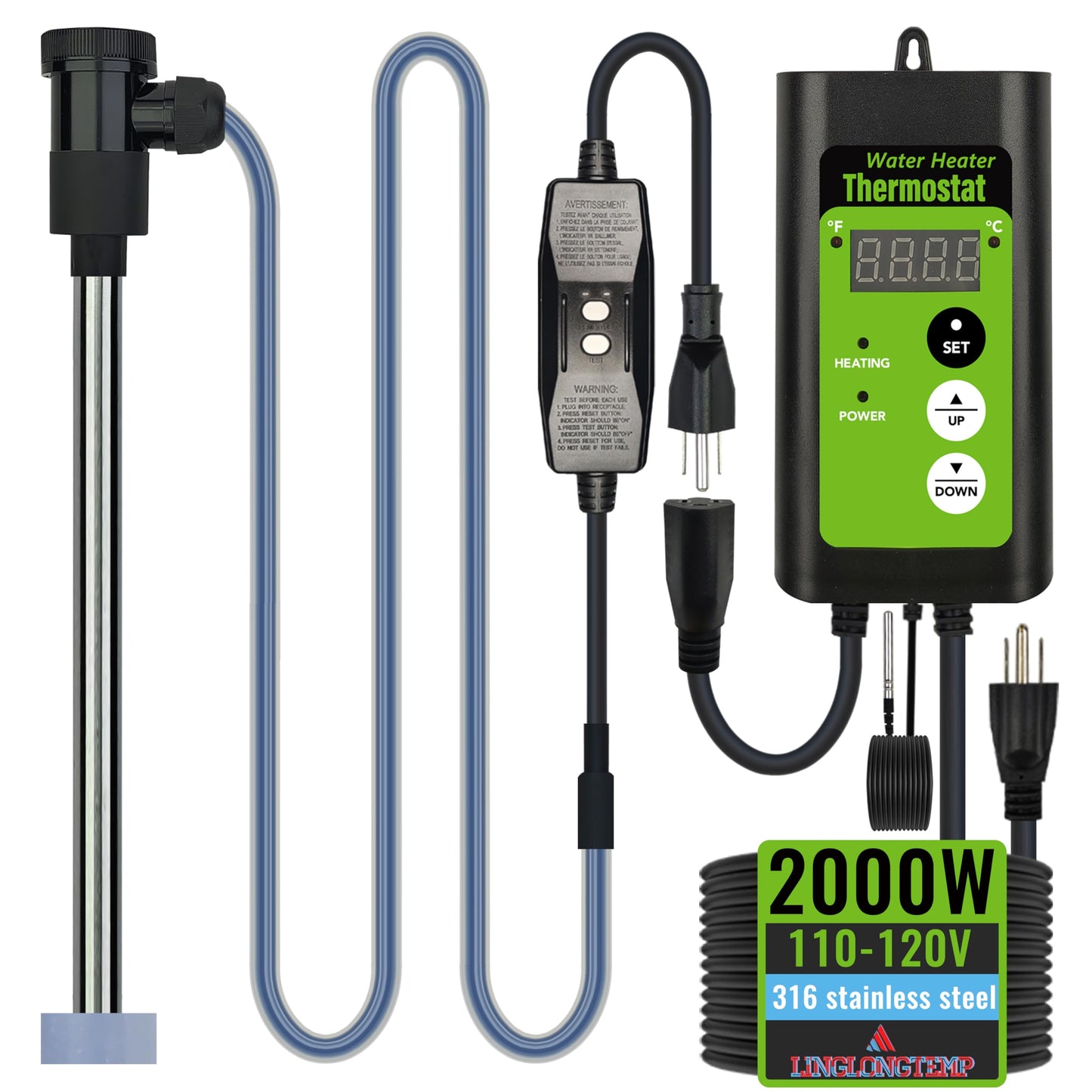 LINGLONGTEMP 2000W Submersible Hot Tub & Pool Portable Electric immersion Water Heater with Temp Control & GFCI for Swimming Pools, Bathtubs, inflatable pool, baptism pool, above ground pool & Spa tub