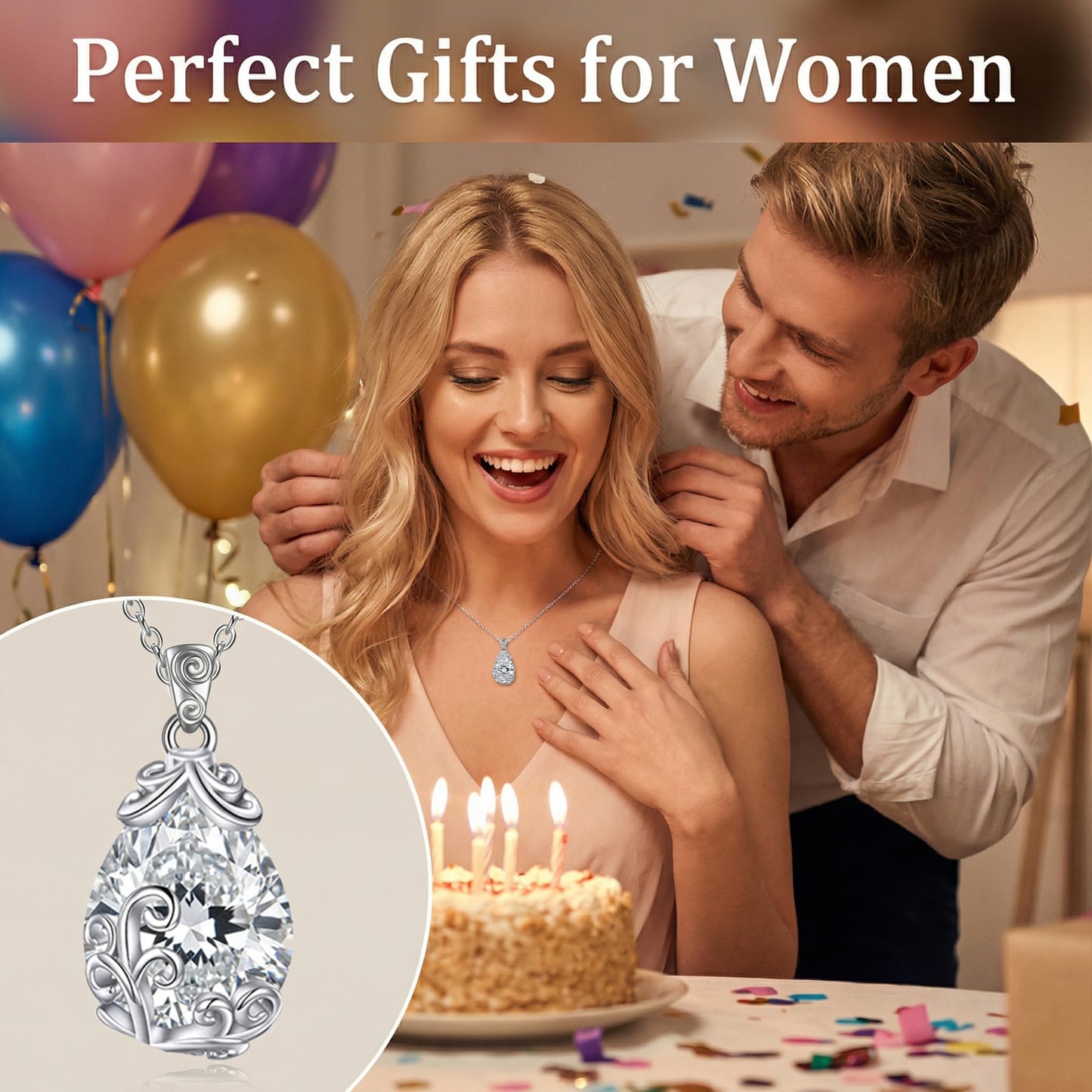 POPLYKE Sterling Silver Birthstone Filigree Teardrop Necklace Filigree Pendant Jewelry Gifts for Women