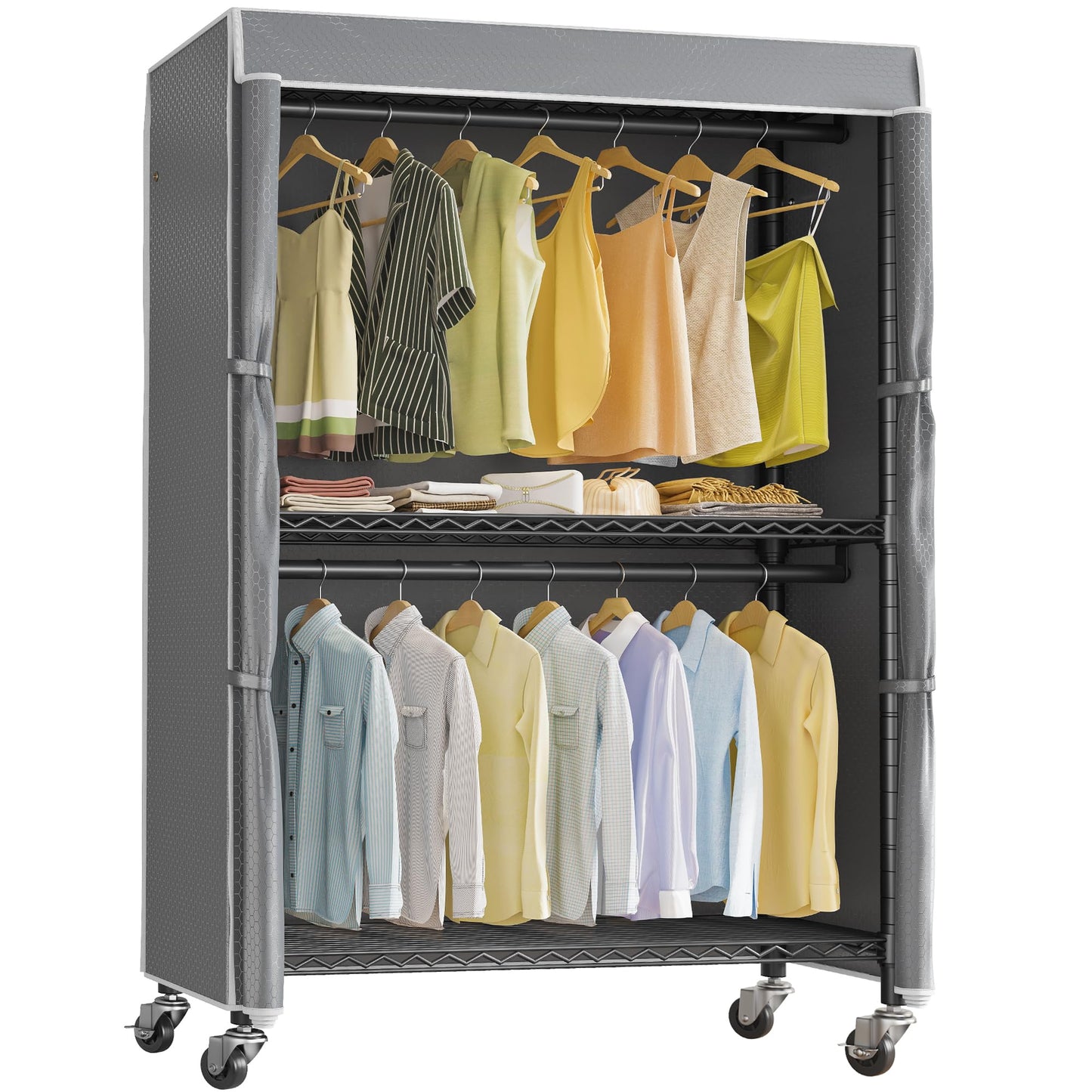 VIPEK R2C Plus Heavy Duty Rolling Garment Rack with Cover Clothing Racks for Hanging Clothes Portable Closets with Adjustable 3 Wire Shelves, Double Rods, Black Rack with Grey Upgraded Polyester Cover