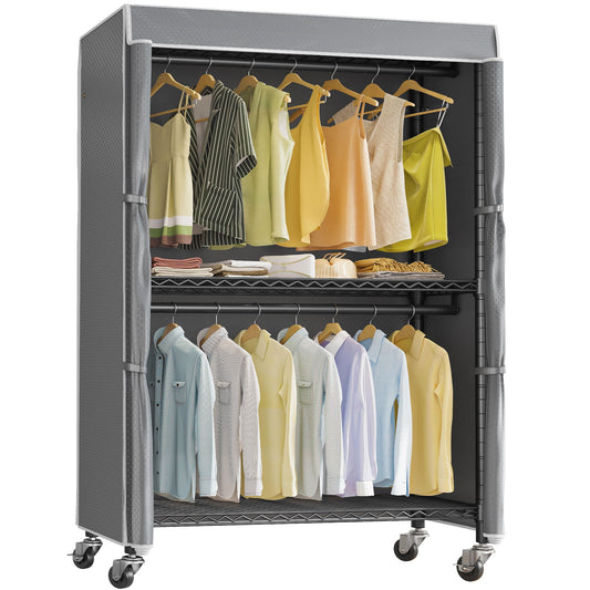VIPEK R2C Plus Heavy Duty Rolling Garment Rack with Cover Clothing Racks for Hanging Clothes Portable Closets with Adjustable 3 Wire Shelves, Double Rods, Black Rack with Grey Upgraded Polyester Cover