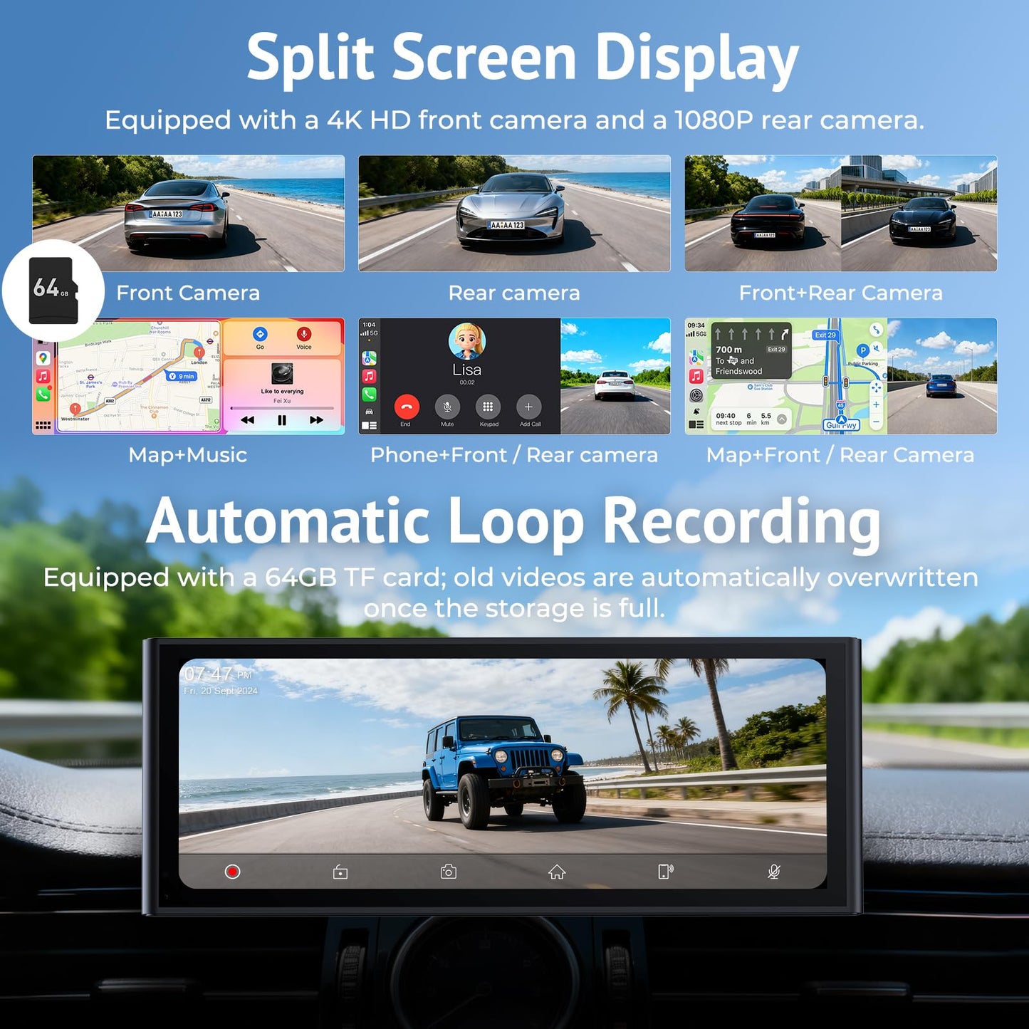 Wonsidary 10.26" HD Wireless CarPlay Screen for Carplay & Android Auto Touch Screen,4K Dash Cam,1080P Backup Camera,Mirror Link,Voice Control,GPS,Bluetooth,64G TF,for All Vehicles