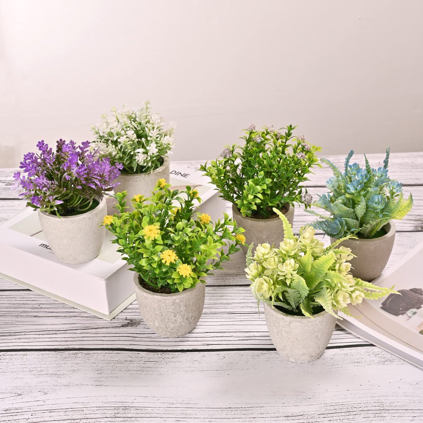LUEUR Set of 6 Potted Artificial Flowers Arrangement, Fake Flowers with Vases Faux Flowers in Pot for Centerpiece Table Decorations Spring Decor for Home Office Desktop