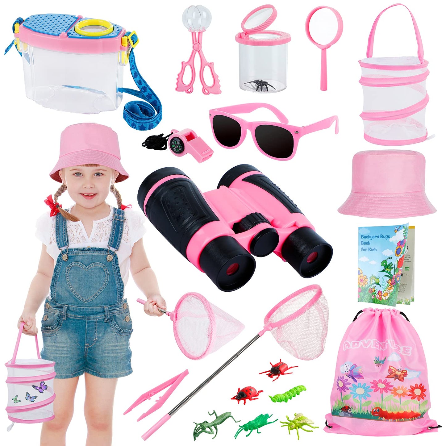 GINMIC Bug Catcher Kit for Kids, Bug Catching Kit with Binoculars, Magnifying Glass, Bugs Habitat and Butterfly Net, Outdoor Explorer Toys Gifts for 3-12 Years Old Boys and Girls