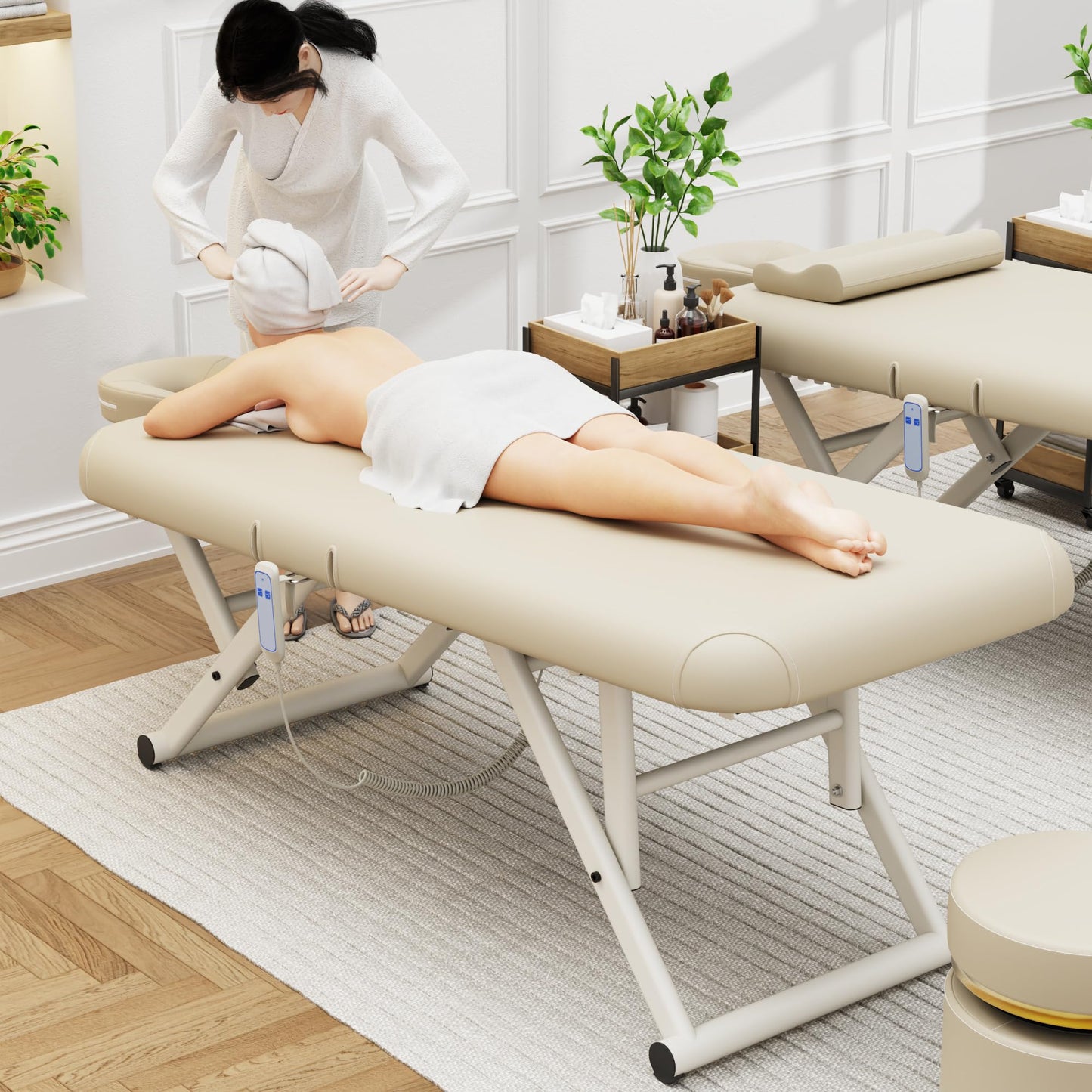 Adjustable Massage Table with Face Pillow & Headrest for Treatment Table Physical Therapy Table Spa Facial Bed - Manual Adjustable Height & Backrest, Remote Control Electric Leg Lifting - Beige Gray