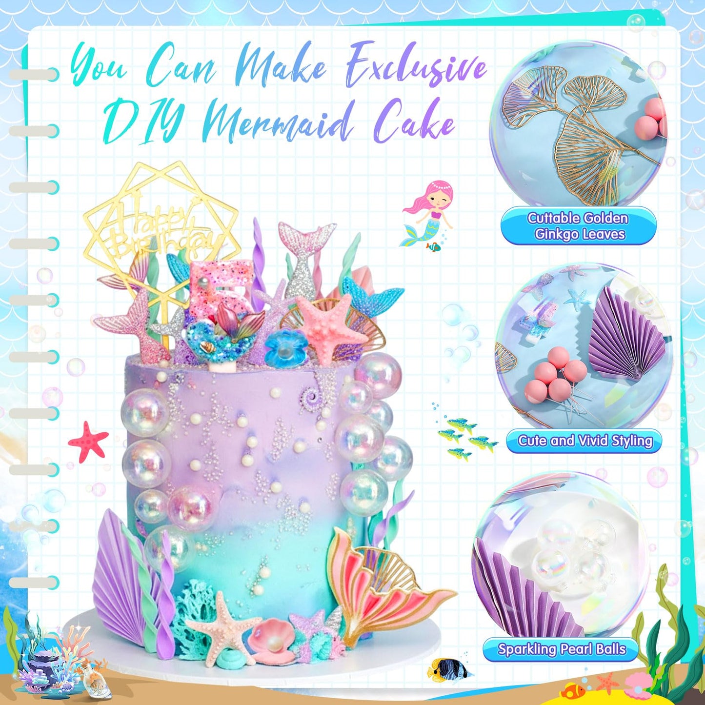 Acellegic 32 Pcs Mermaid Cake Toppers Under the Sea Cake Decor Sets Mermaid Tails Seaweeds Bubbles Shells Golden Ginkgo Leaves Birthday Card Candle for Birthday Wedding Party Supplies(Number 5)