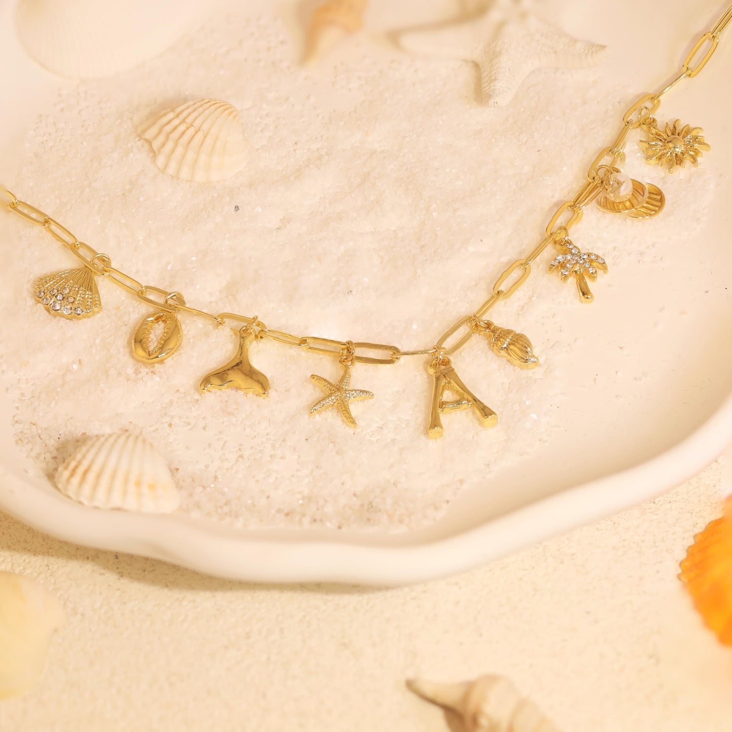 JALZEMPL Initial Charm Necklaces For Women Shell Letter Paperclip Chain Seashell Starfish Beach Summer Pendant Boho Surfer 14K Gold Plated Jewelry Gift (A)