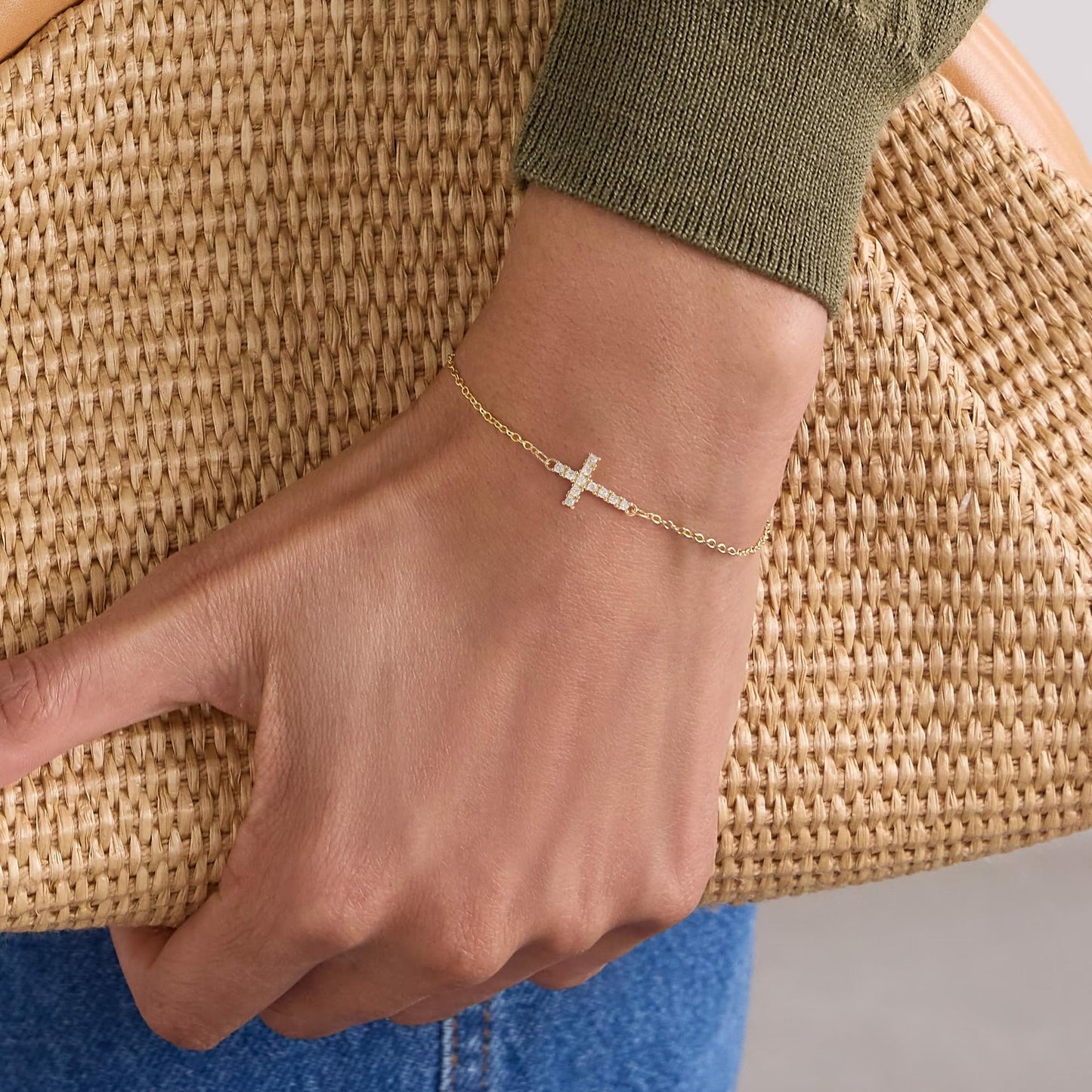 Tewiky Cross Bracelet for Women Dainty 14k Gold Plated Cubic Zirconia Cute Tiny Bracelet Confirmation Gifts for Women