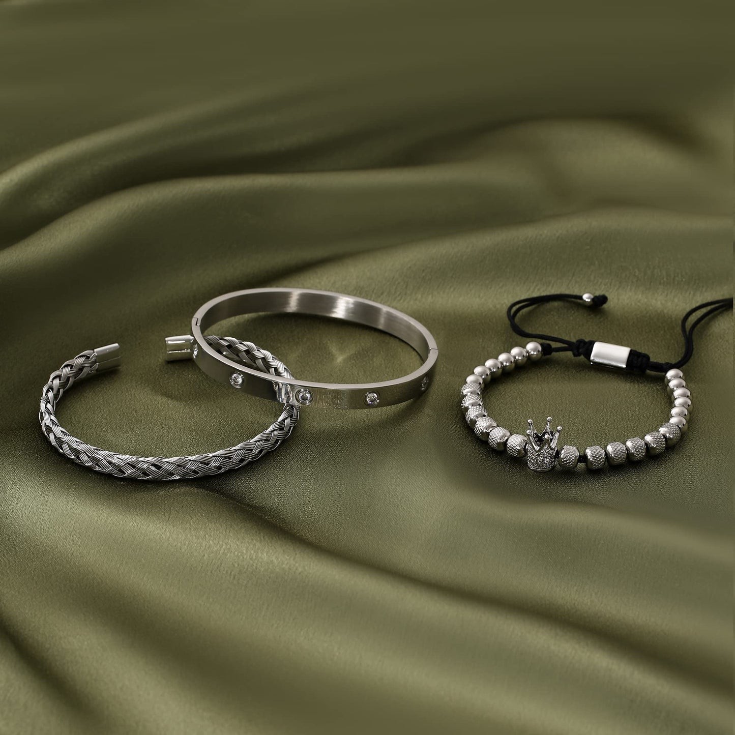 WFYOU 3PCS Stainless Steel Bracelets for Men Gold Roman Numeral Bangle Bracelet Twisted Cable Bracelet Adjustable Cuff Bracelet Mens Luxury Jewelry Bracelets Gifts(CZ Crown Silver)