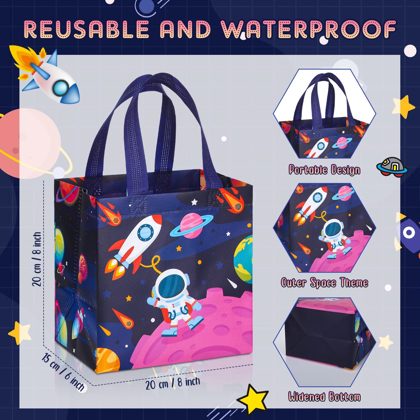 Kigeli 30 Pcs 6 Style Space Goodie Bags, Space Party Favors Large Non-woven Gifts Bags with Handles, Astronaut Planet Rocket Goodie Candy Tote for Baby Shower, Galaxy Theme Birthday Party Supplies