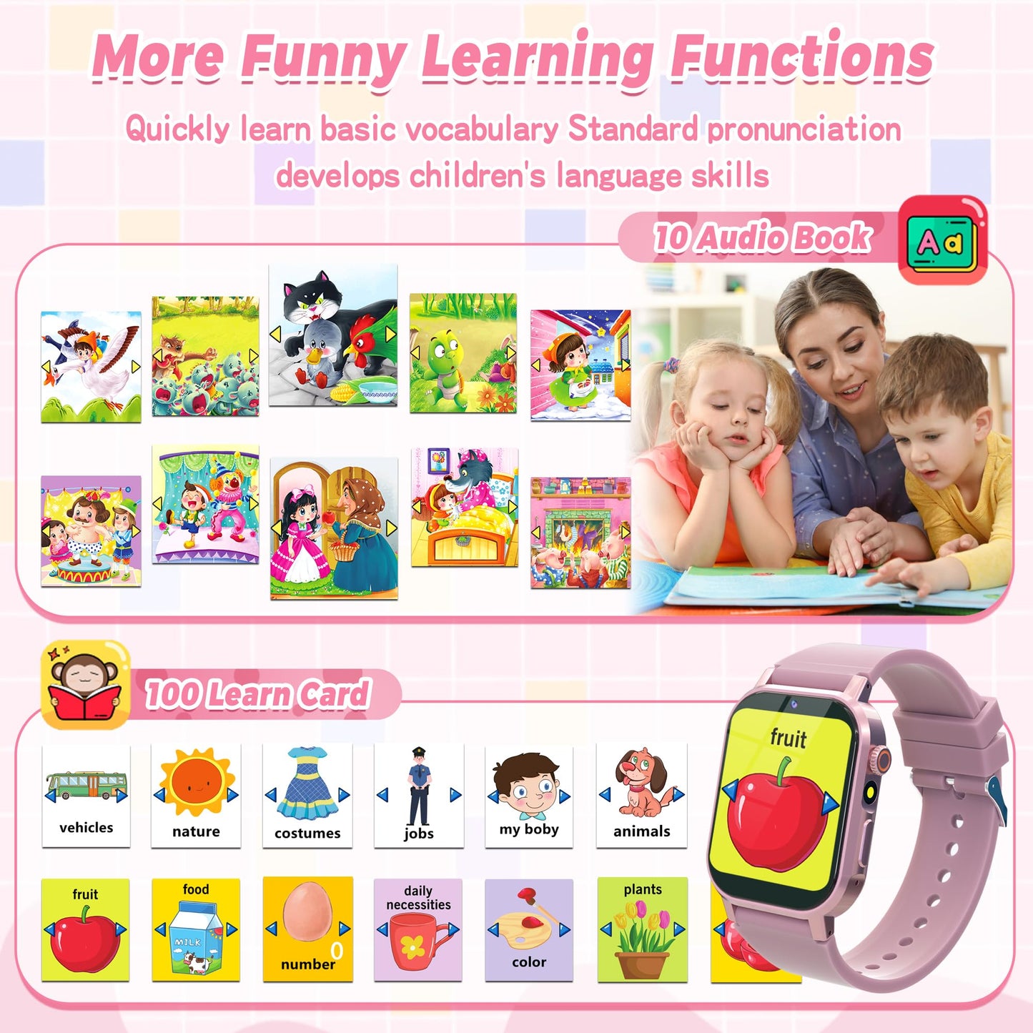 Kids Smart Watches Girls Gift Age 3-12, Kids Watch with 32 Games HD Touchscreen Camera Video Music Audiobook Pedometer Flashlight 12/24 hr Educational Toys Birthday Gift for Girls Ages 5 6 7 8 9 10