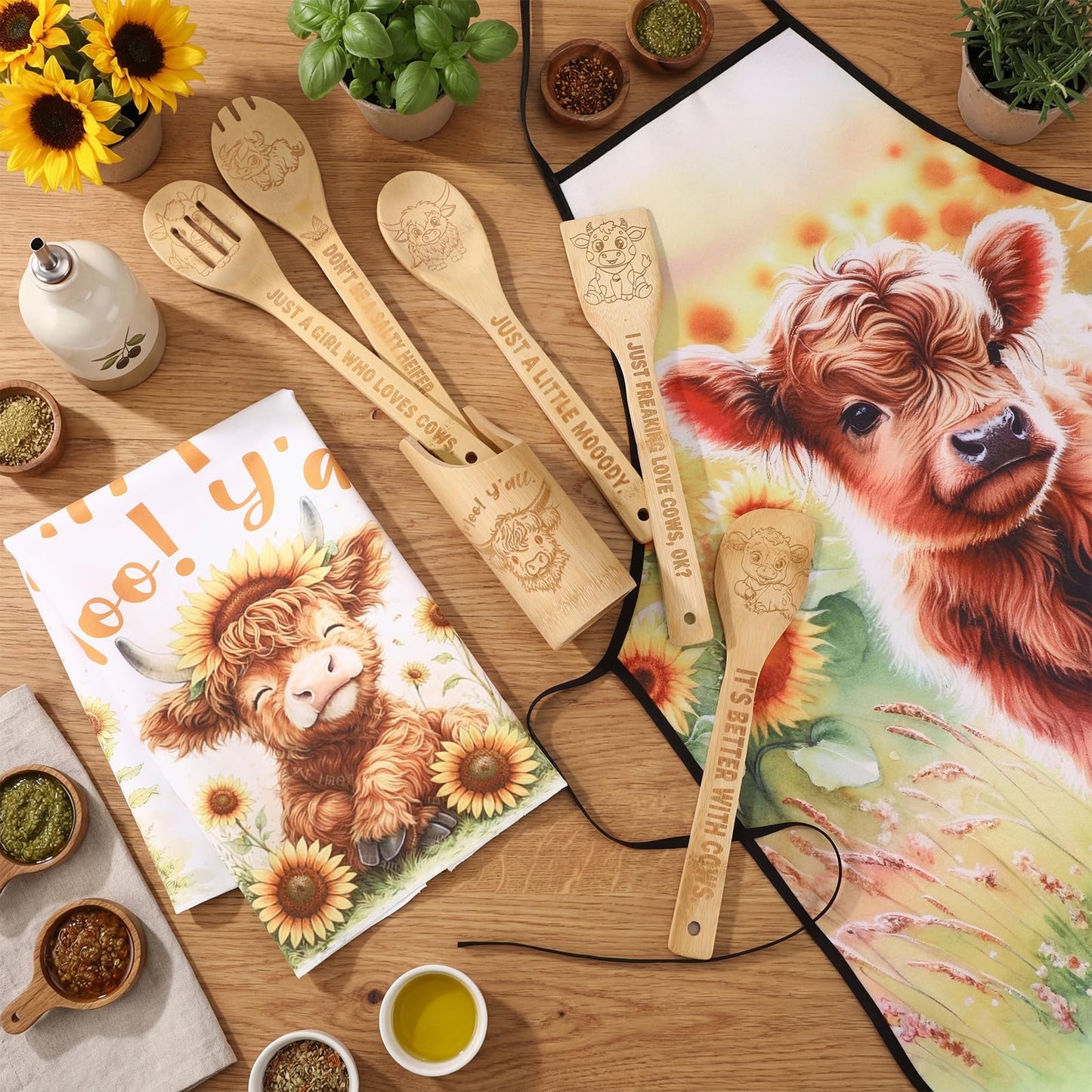 Zhehao 8 Pcs Highland Cow Kitchen Decor Cooking Utensils Set 4 Bamboo Spoons with 1 Utensil Holder 1 Towel 1 Apron Cow Gifts for Women Kitchen Bathroom Home Decorations Housewarming Gifts