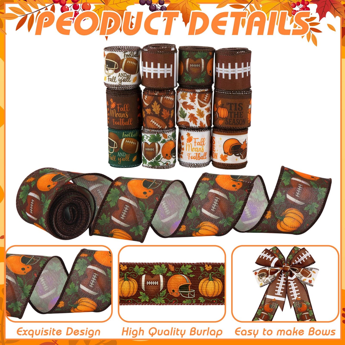 Vincreem 12 Rolls Fall Football Wired Edge Ribbon for Wreaths 2 Inch x 60 Yards Maple Leaves Pumpkin Football Print Ribbon Crafts for Thanksgiving Harvest Party Decorative Supplies, 12 Styles