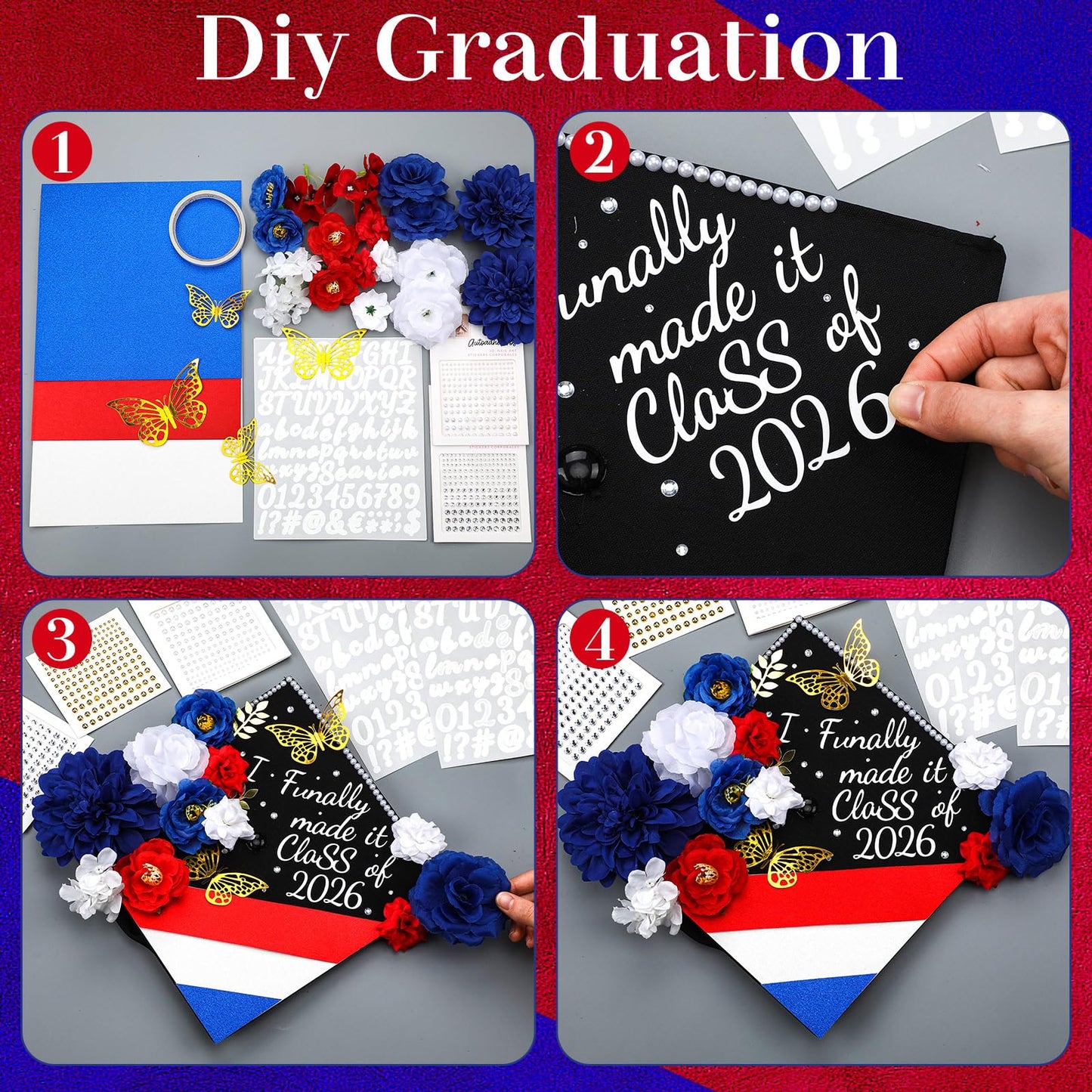 FineCheer 46 Pcs DIY Graduation Cap Decoration Kit Red White Blue Puerto Rico Flower 3D Butterfly Rhinestone Pearl Letter Sticker Glitter Paper for Dominican Republic 2026 Grad Hat Topper Party Decor
