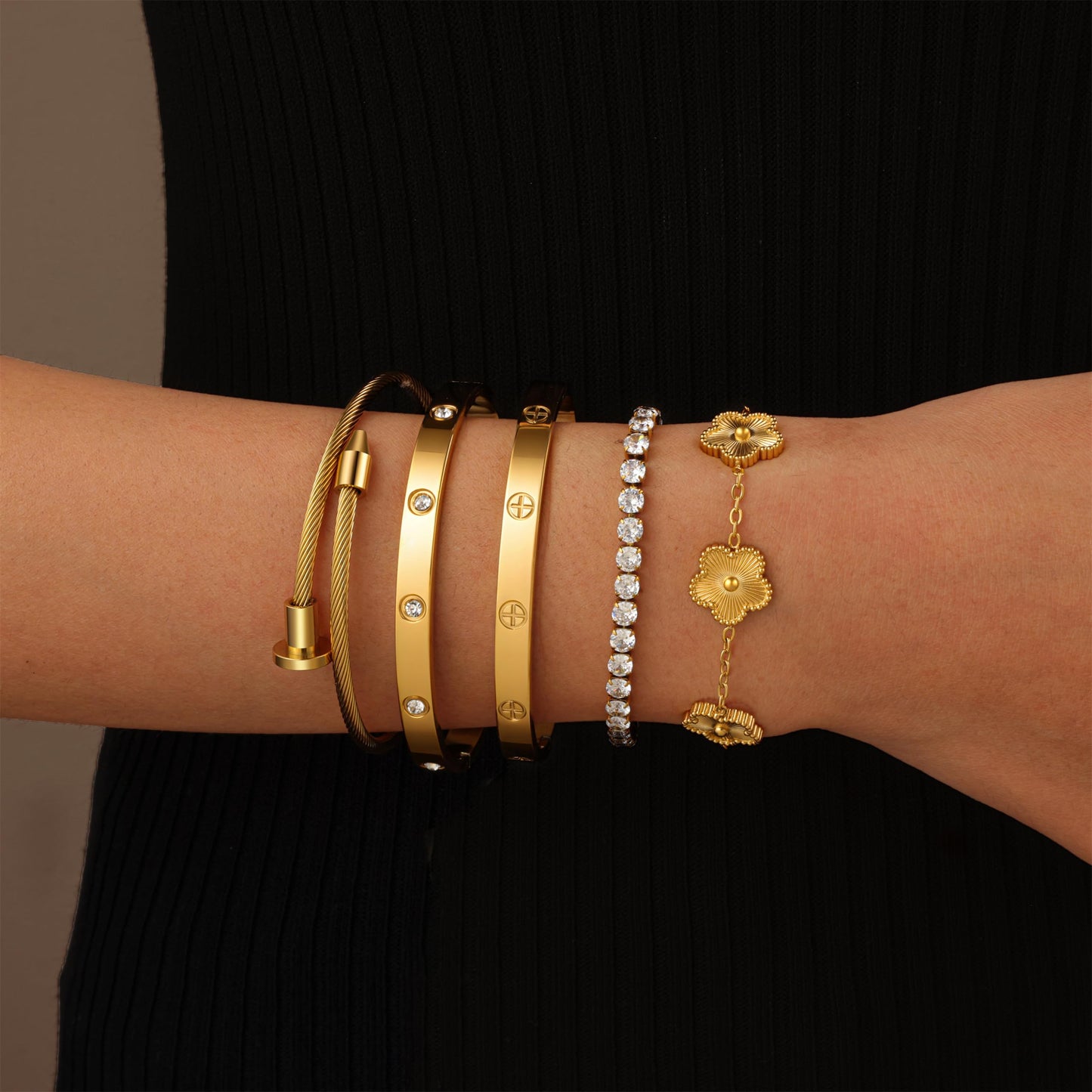RIVOWMKI 18K Gold Plated Bracelet Set for Women, Sparkling CZ Bangle Adjustable Tennis Bracelet, Stackable Clover Jewelry, Non Tarnish Non Fade Long Lasting Shine for Client Meeting Afternoon Tea