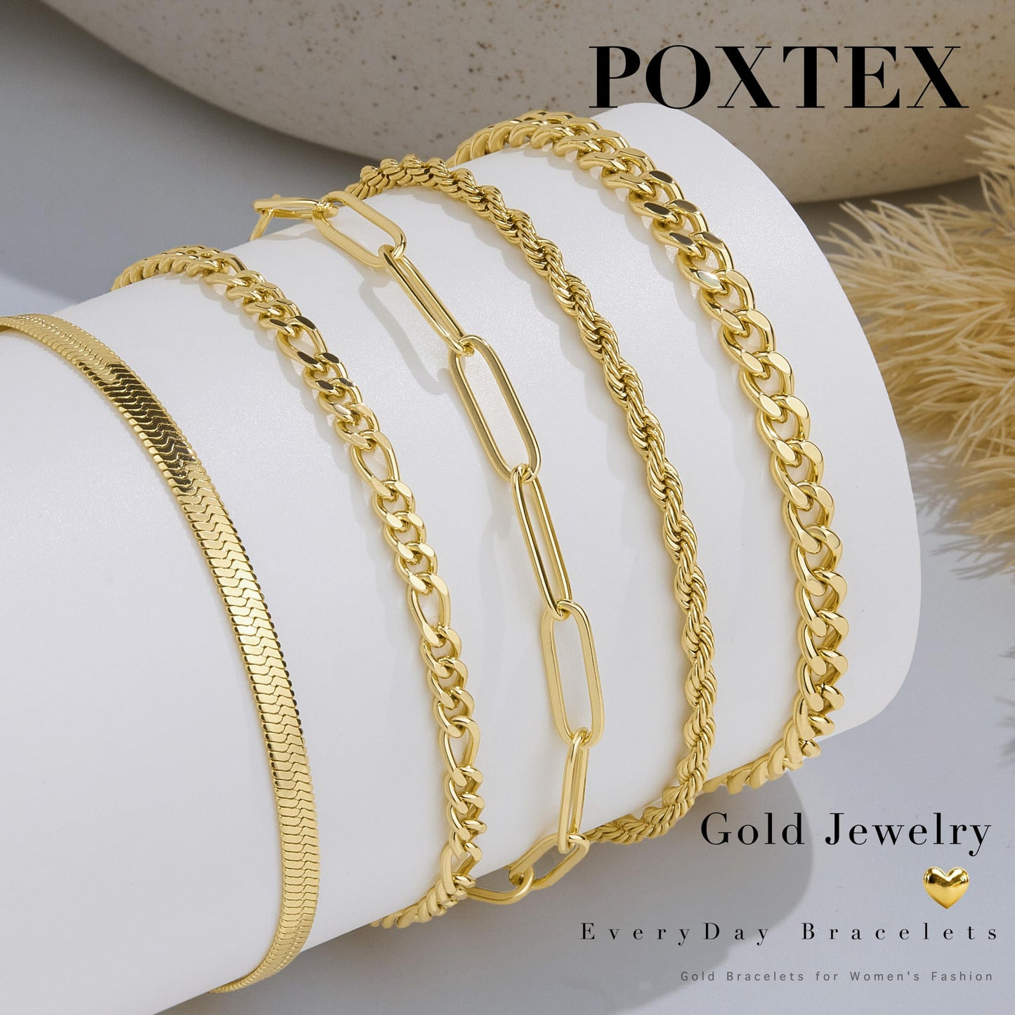 Gold Bracelets for Women 14K Gold Plated Stainless Steel Waterproof Non Tarnish, Dainty Stackable Bracelet Set for Women, 5 Pcs Layered Figaro Paperclip Herringbone Rope Cuban Chain Jewelry Birthday Gifts