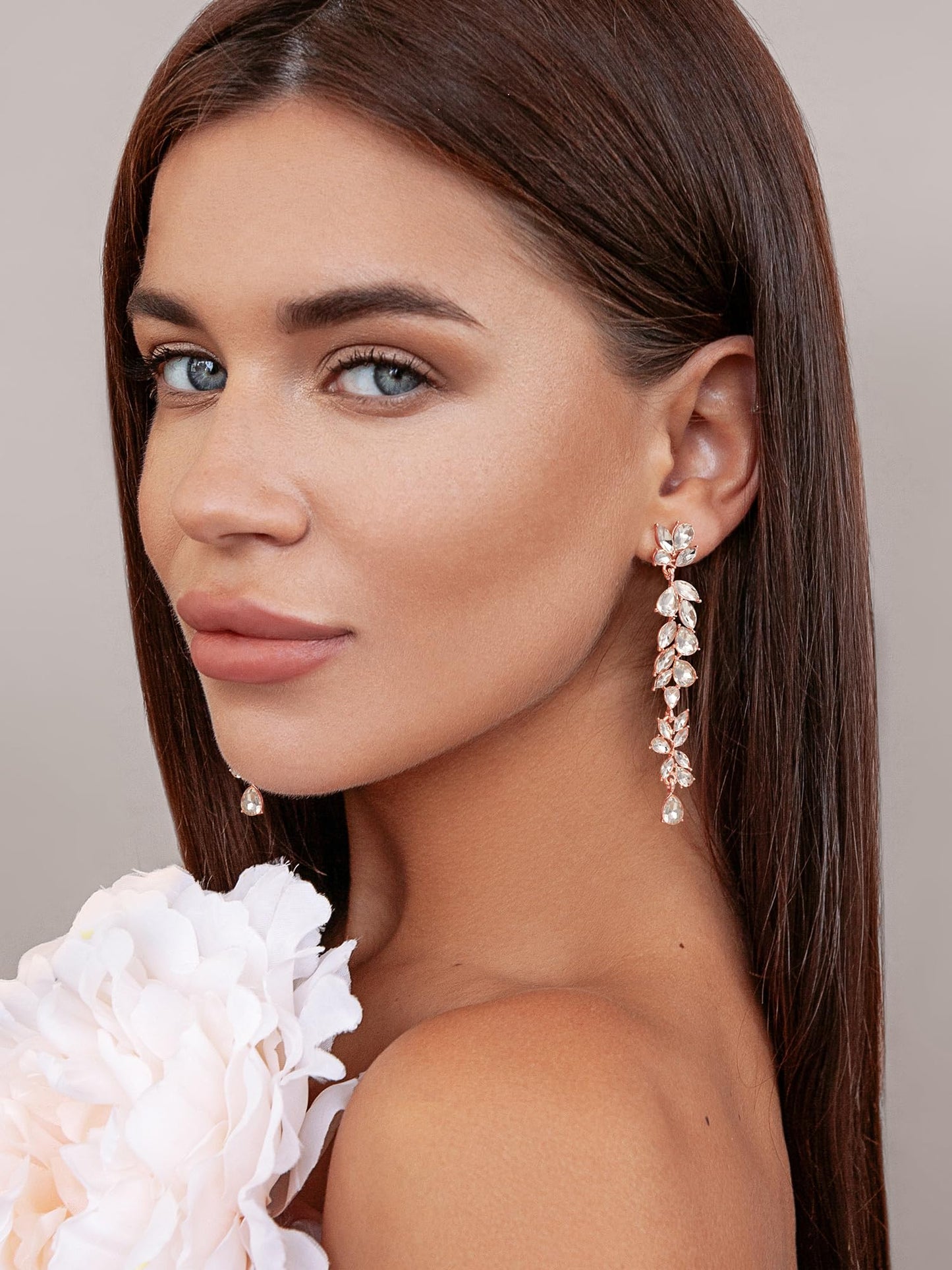 SWEETV Long Rhinestone Dangle Earrings for Women, Wedding Bridal Earrings for Brides, Crystal Chandelier Drop Earrings for Prom or Pageant, Rose Gold