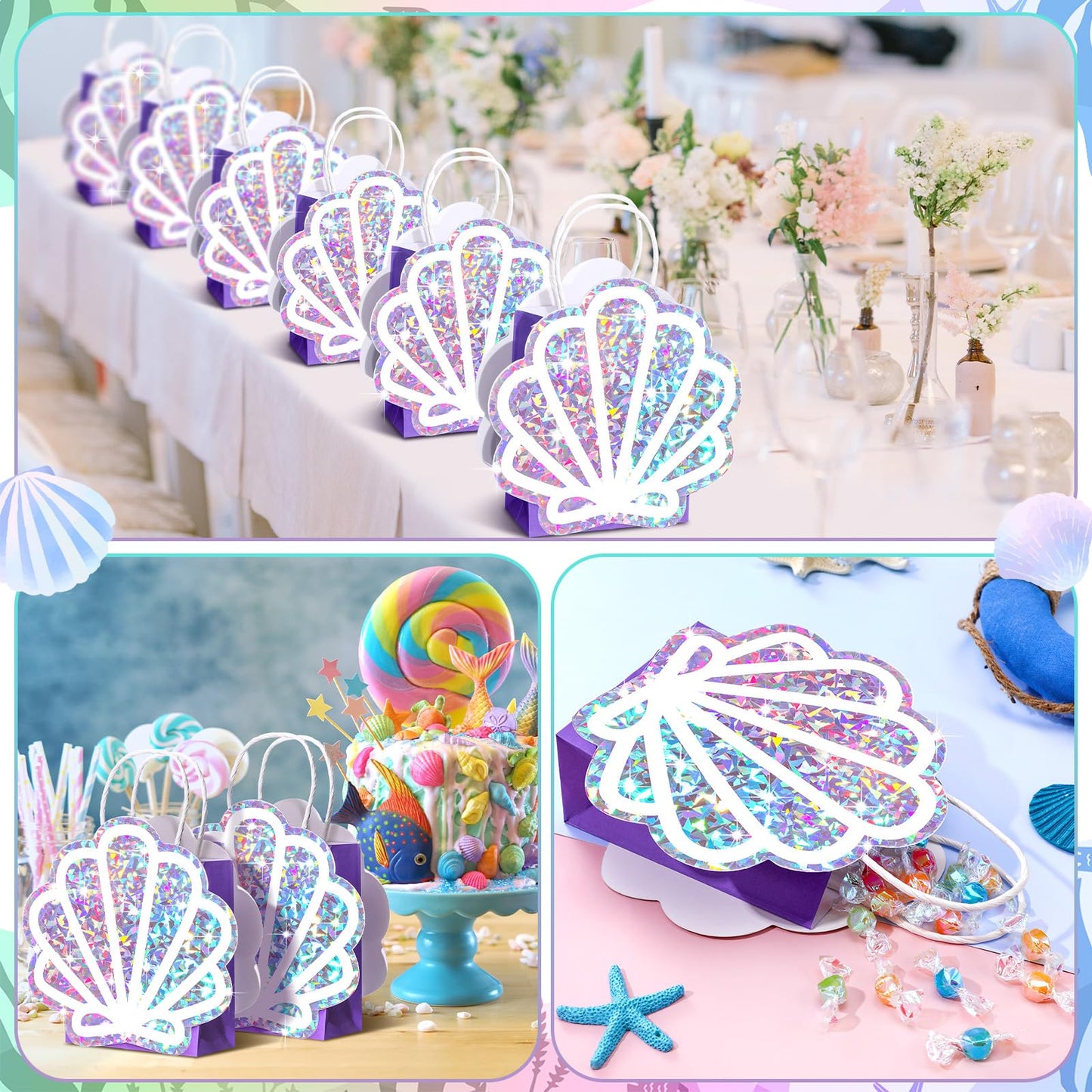 Locmeo 24 Pack Sea Shell Gift Bags Mermaid Goodie Bags Party Favor Iridescent with Handle for Under The Sea Party Summer Ocean Beach Birthday Wedding Shower Celebration Supply Decoration (Holographic)