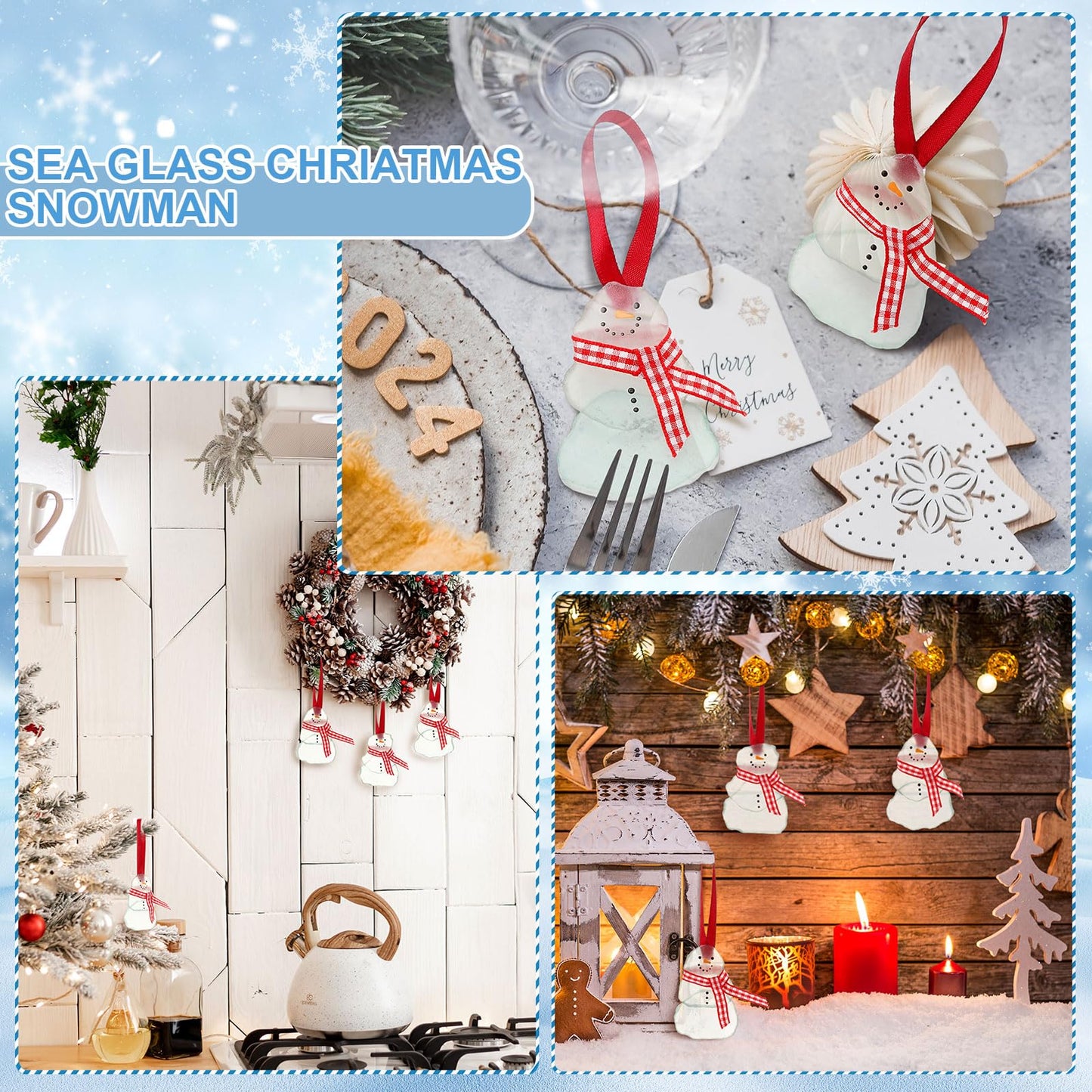 Bucherry 3 Pcs Sea Glass Christmas Snowman Ornaments Sea Crystal Glass Decor Crafts Christmas Tree Hanging Ornament for Beach Ocean Gift Party Table Decoration (White)